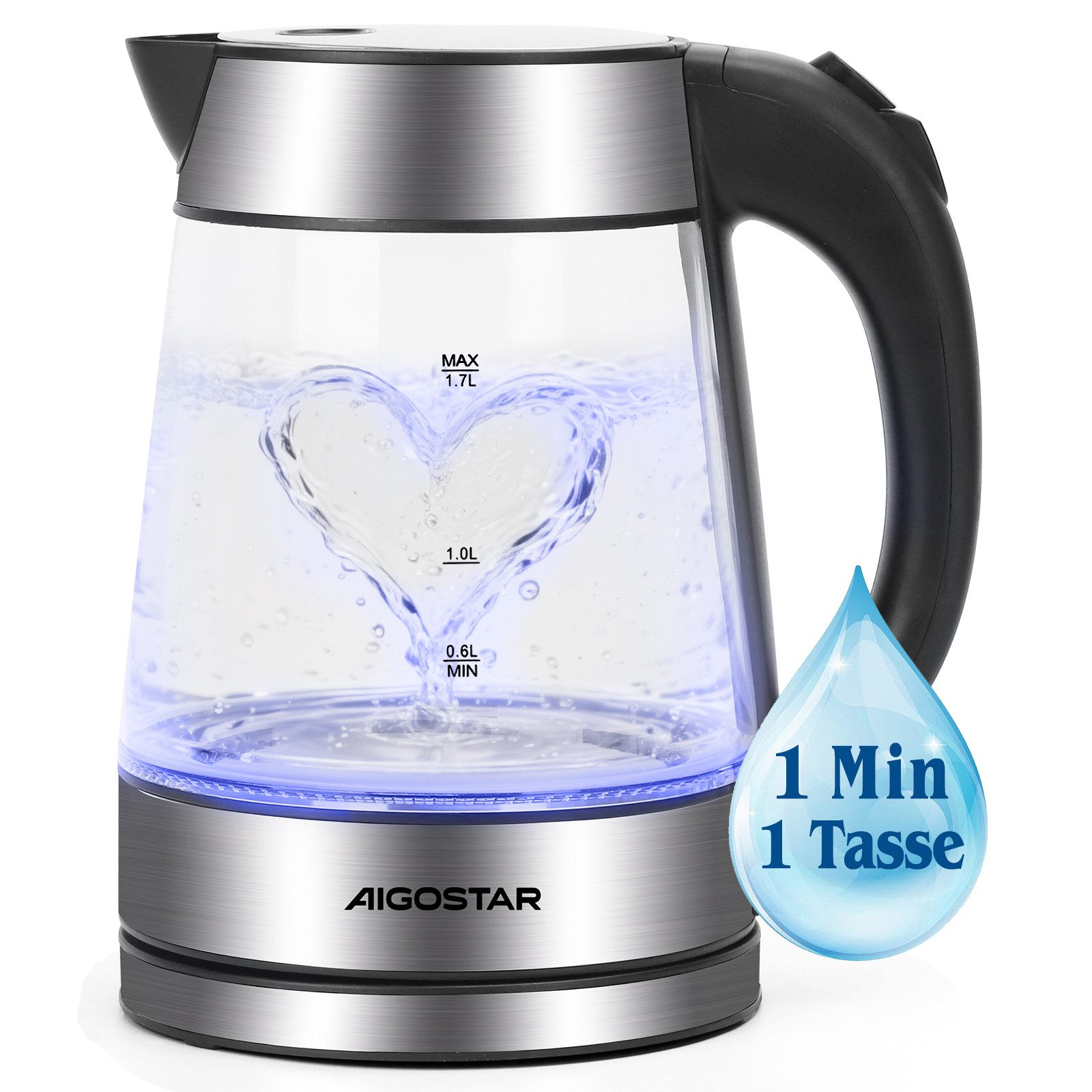 Aigostar Елктрочайники Chubby - Glaswasserkocher mit LED Beleuchtung, Auto-off, BPA frei, 1.7 l, 2200,00 W, Edelstahl