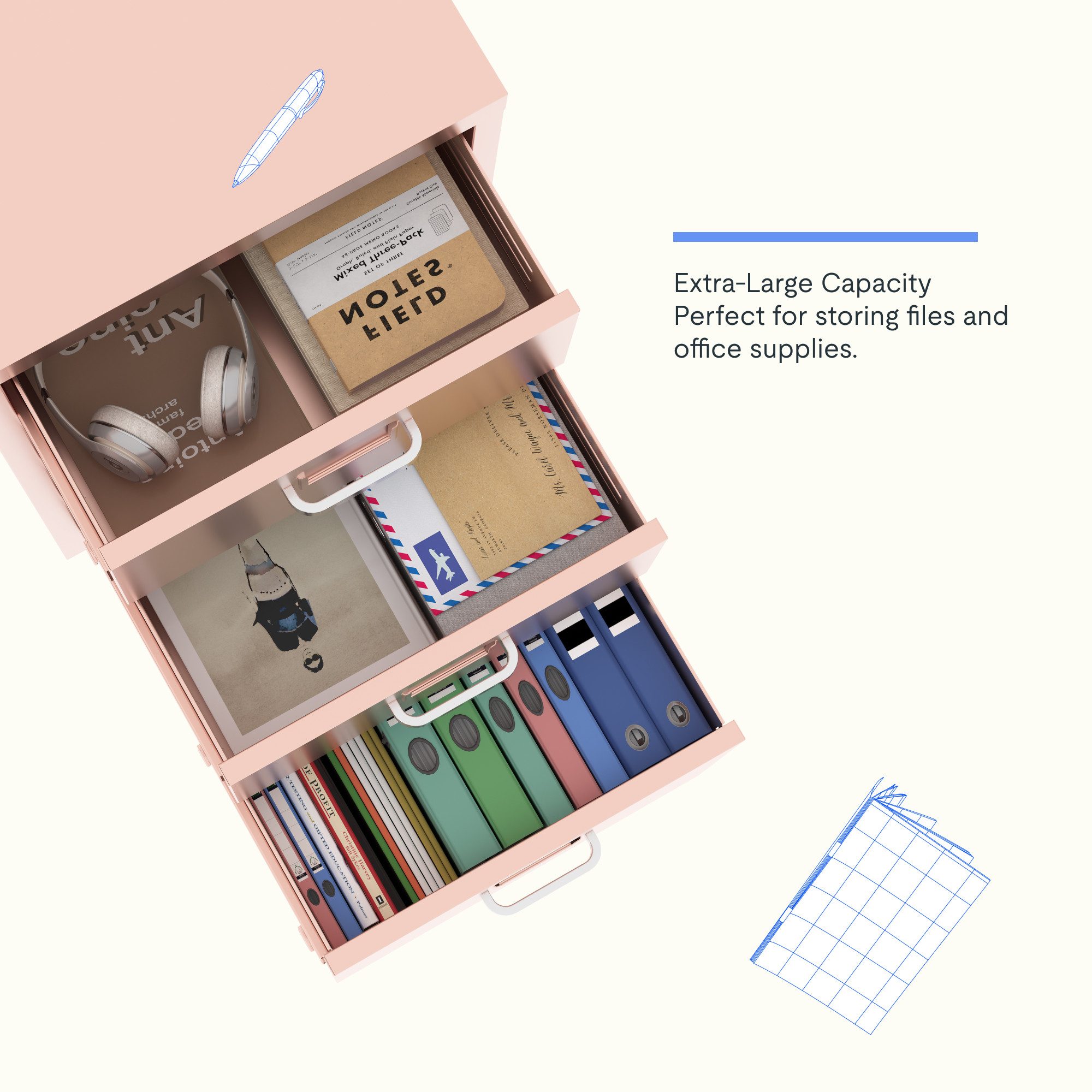 FLEXISPOT Container Rollcontainer für Ihr Büro&Home-Office, 28x48x41 cm (mobiler Aktenschrank mit 3 Schubladen, mit Rollen, Büroschrank) – Bild 5 von 5