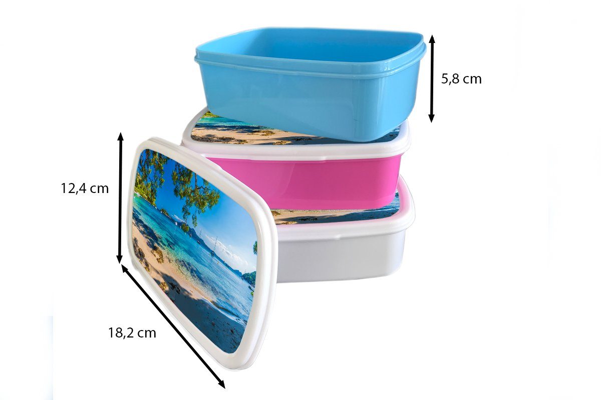 und Strand MuchoWow Kunststoff, - für - Mallorca, Boot und Kinder Lunchbox (2-tlg), Mädchen für Meer weiß Brotdose, Jungs - Erwachsene, Brotbox