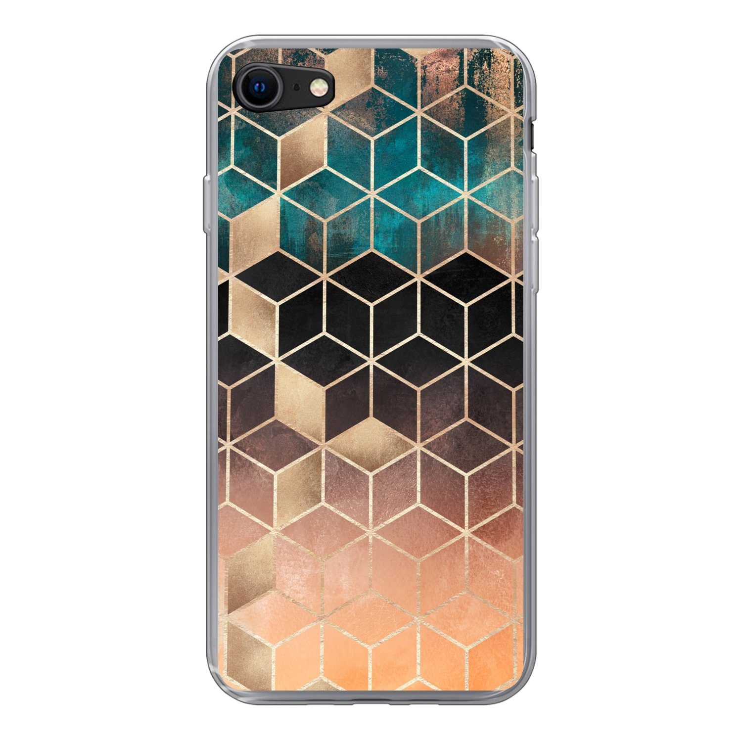 MuchoWow Handyhülle für Apple iPhone 8 Abstrakt - Würfel - Gold - Muster - Luxus, Smartphone-Bumper, Print, Handy Schutzhülle Dünn