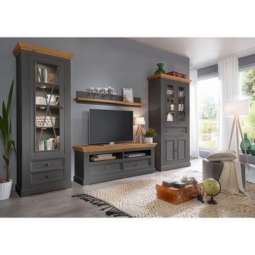 Lomadox Vitrine WARNA-69 in Kiefer grau mit Eiche B/H/T ca. 79/177/42 cm