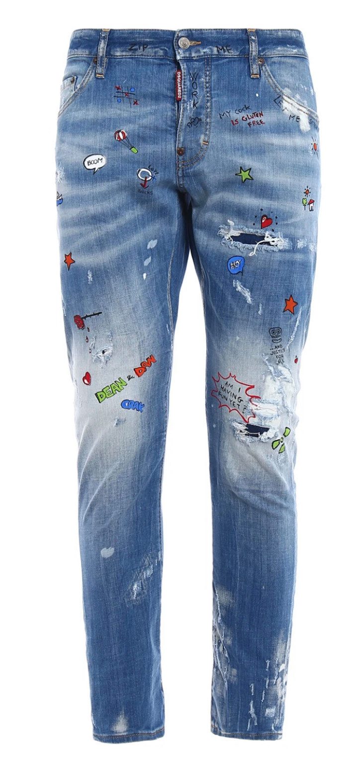 Dsquared2 5-Pocket-Jeans Skinny Fit „Sexy Twist“ Hose Used-Effekt 50 Bunte Applikationen wie Sterne, Herzen, Sprechblasen