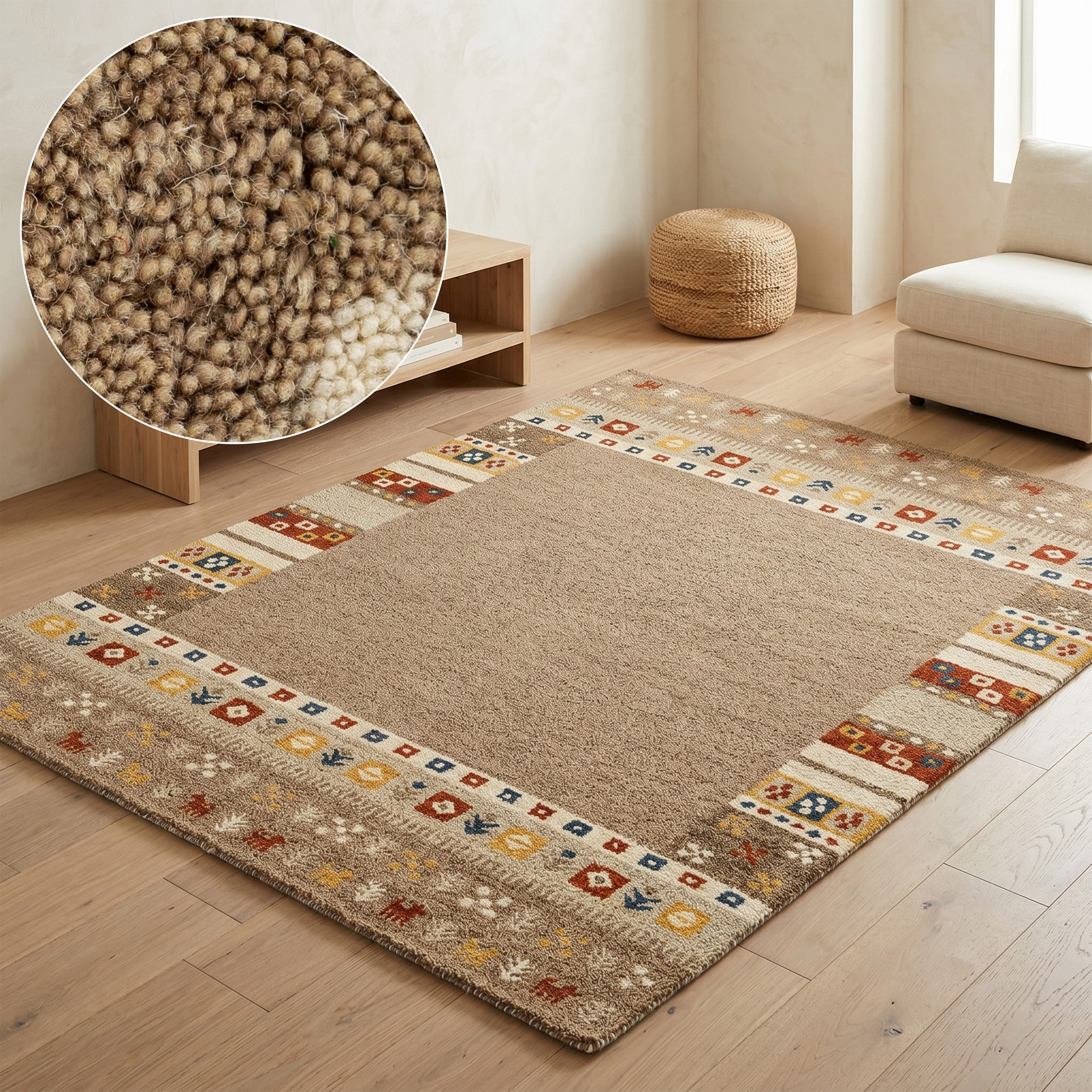 THEKO Wollteppich Gabbeh Rahmen, reine Wolle, Handgefertigt, mit Bordüre, rechteckig, Höhe: 14 mm, Tiermotiv, Wohnzimmer, Schlafzimmer, Esszimmer