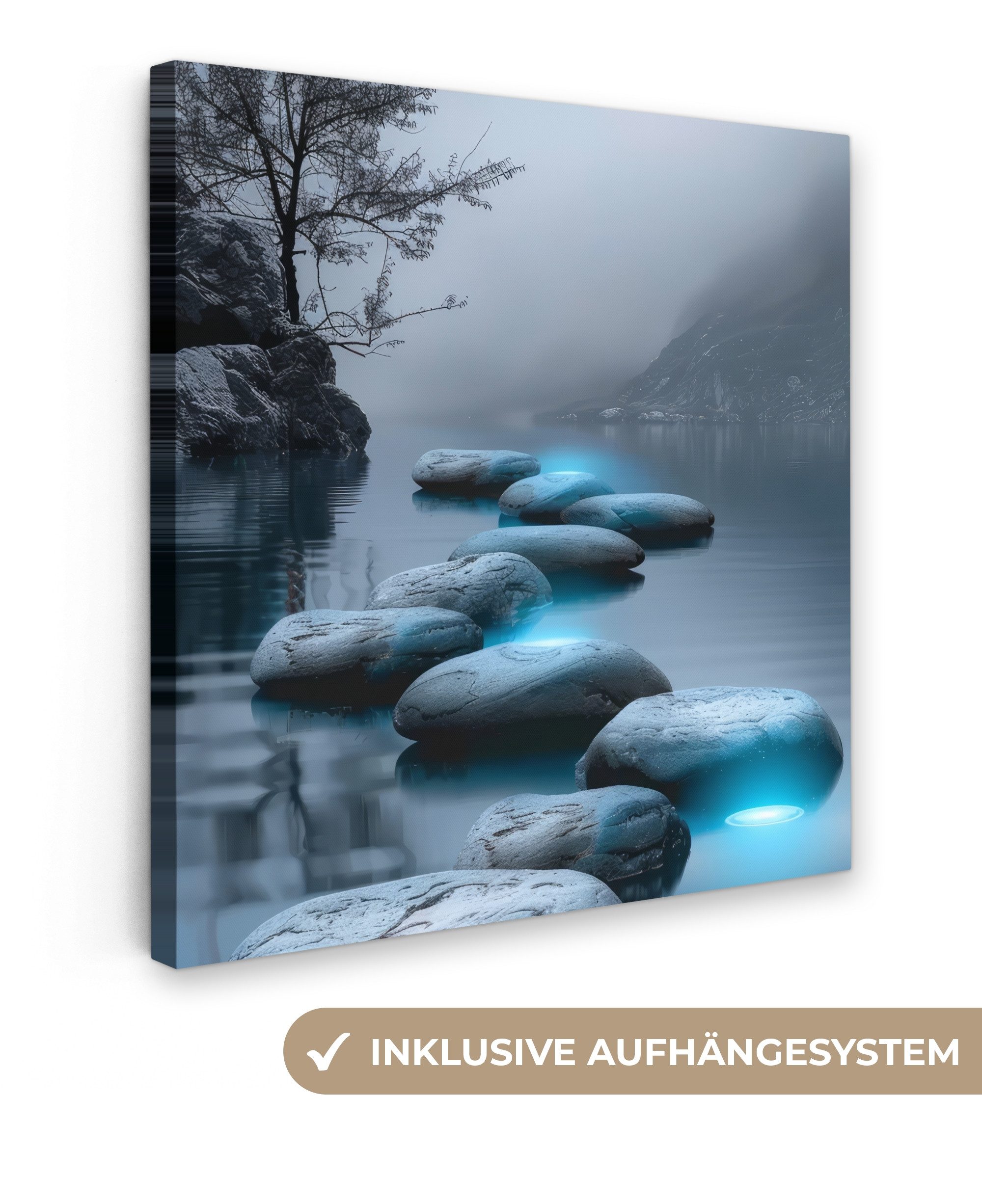 OneMillionCanvasses® Leinwandbild Steine - Wasser - Bäume - Natur, Fotodruck (1 St), Wandbild, Deko Schlafzimmer Wohnzimmer Flur 20x20 cm