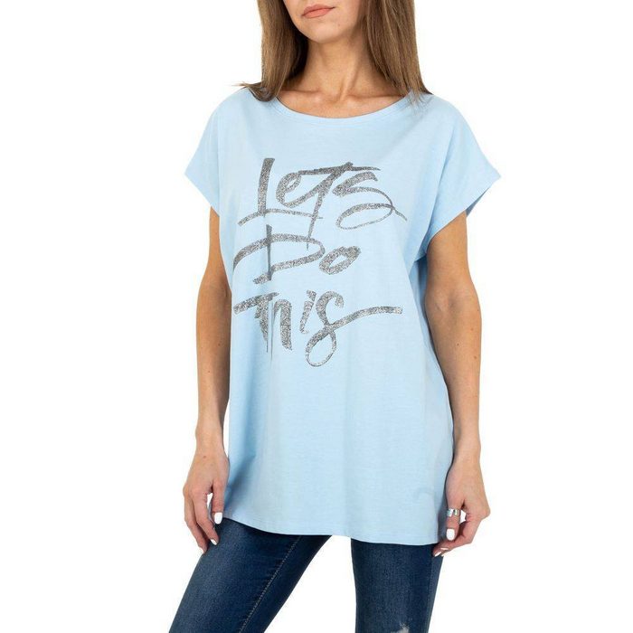 Ital-Design T-Shirt Damen Freizeit Glitzer Textprint T-Shirt in Hellblau