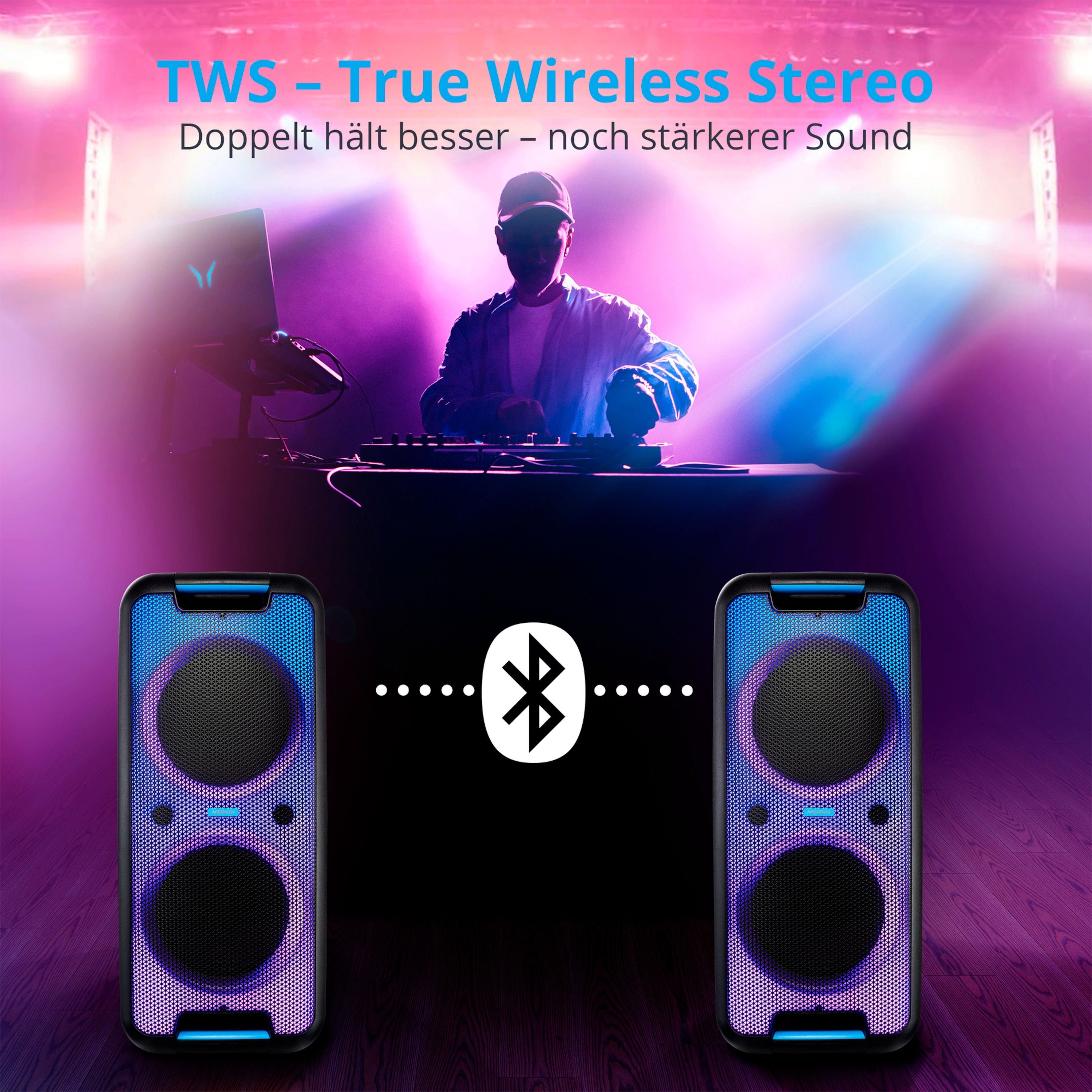 Medion® LIFE® TWS MD44080) W, Bluetooth-Lautsprecher 2x45W (45 RMS Bluetooth®, P61080 Partylautsprecher Lichteffekte