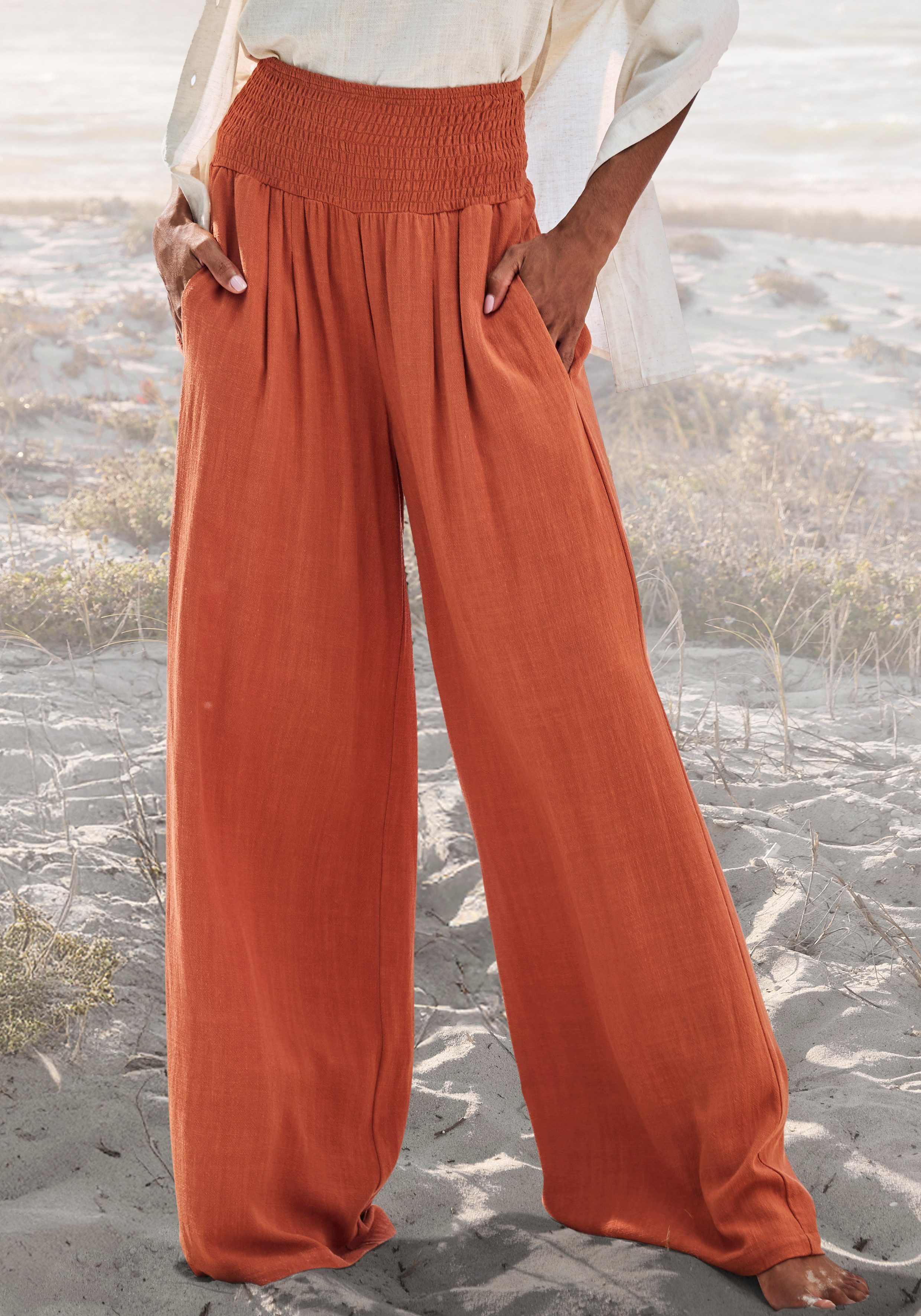 French Connection Leinenhose mit hohem Smokbund weite Palazzohose für den Sommer, lockere Schlupfhose, Strandhose