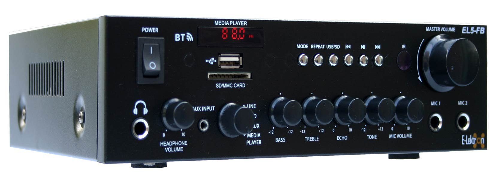 E-Lektron EL5-FB Audioverstärker (Anzahl Kanäle: 2, 35,00 W, FM-Radio, Bluetooth-Empfänger, USB/SD Media-Player, Fernbedienung, Навушникиbuchse, Karaoke-Funktion)