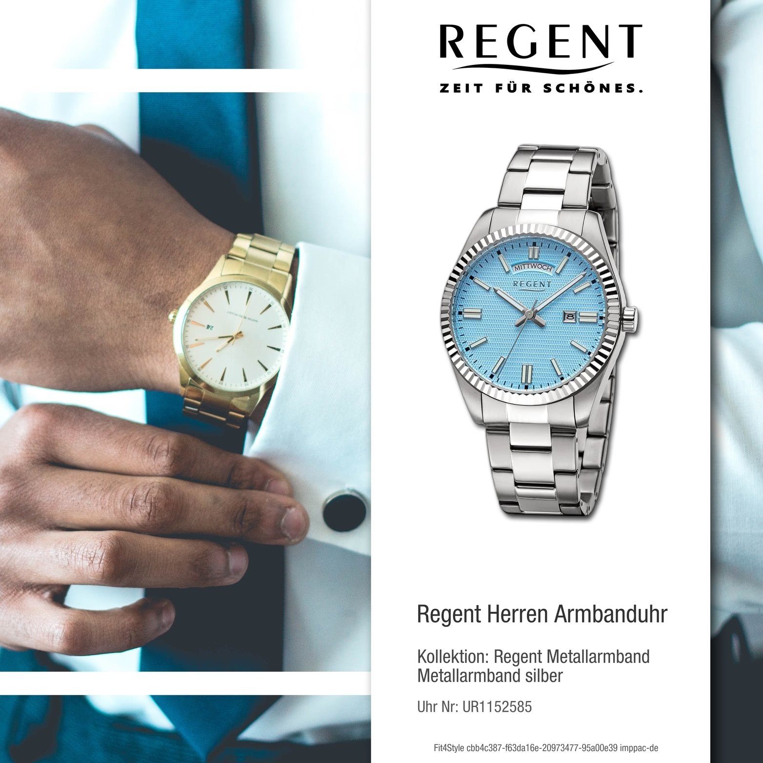 Regent Quarzuhr Regent Herren Metallarmband rundes groß Gehäuse, extra silber, Herrenuhr 40mm) (ca. Armbanduhr Analog