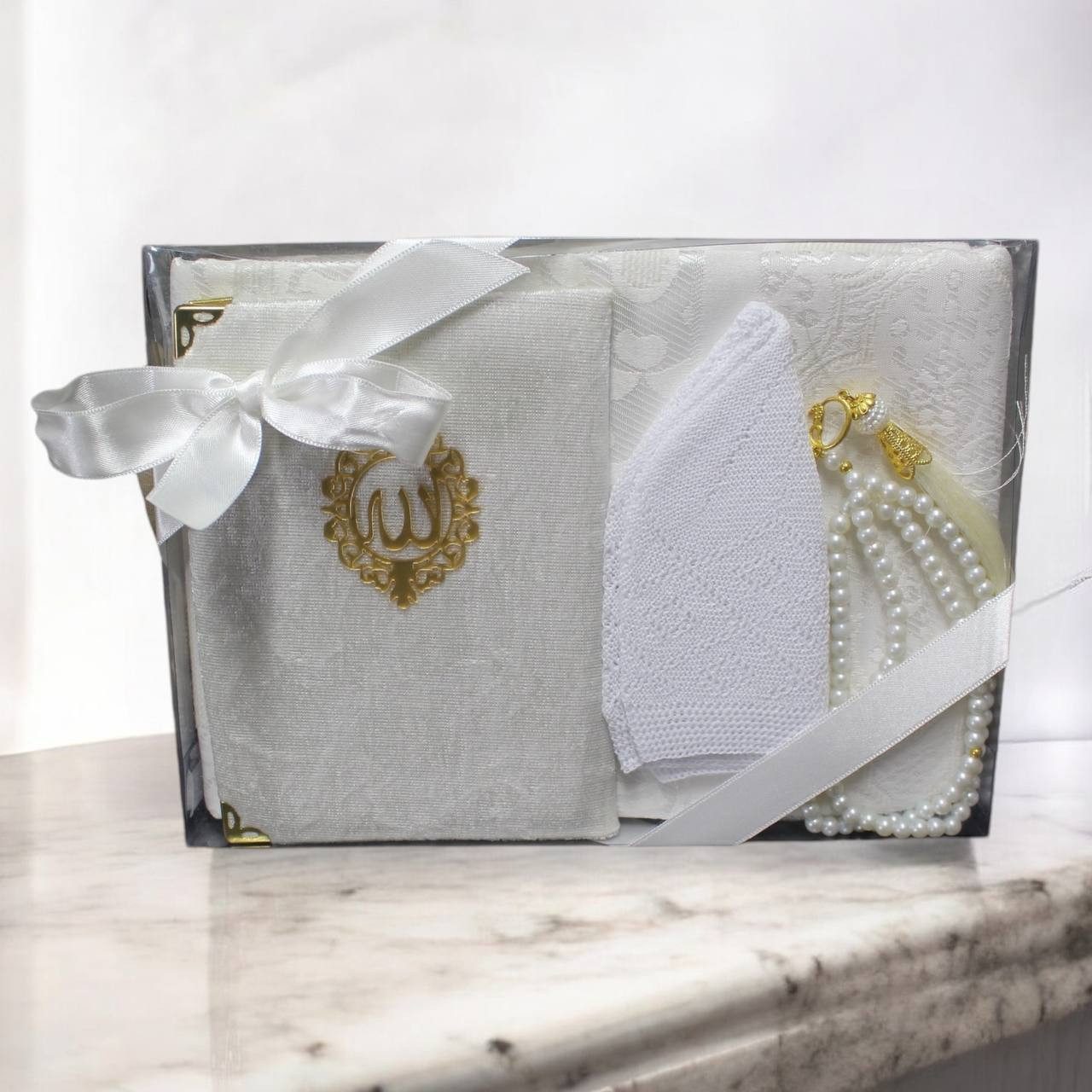 Aymasal Läufer Geschenkset 4 tlg. Gebetsteppich + 99er Gebetskette+ Koran Juz + Takke, 4-teiliges Läufer Geschenkset Gebetsteppich 99er