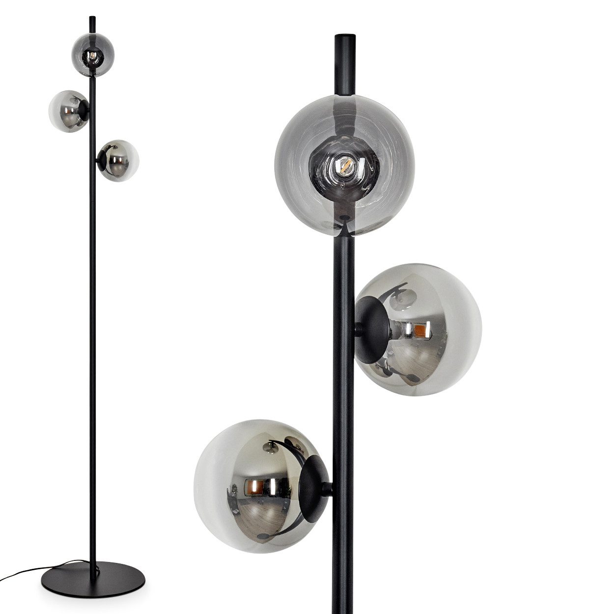 Stehlampe moderne Stehlampe aus Metall/Glas in Schwarz/Rauchglas/Klar