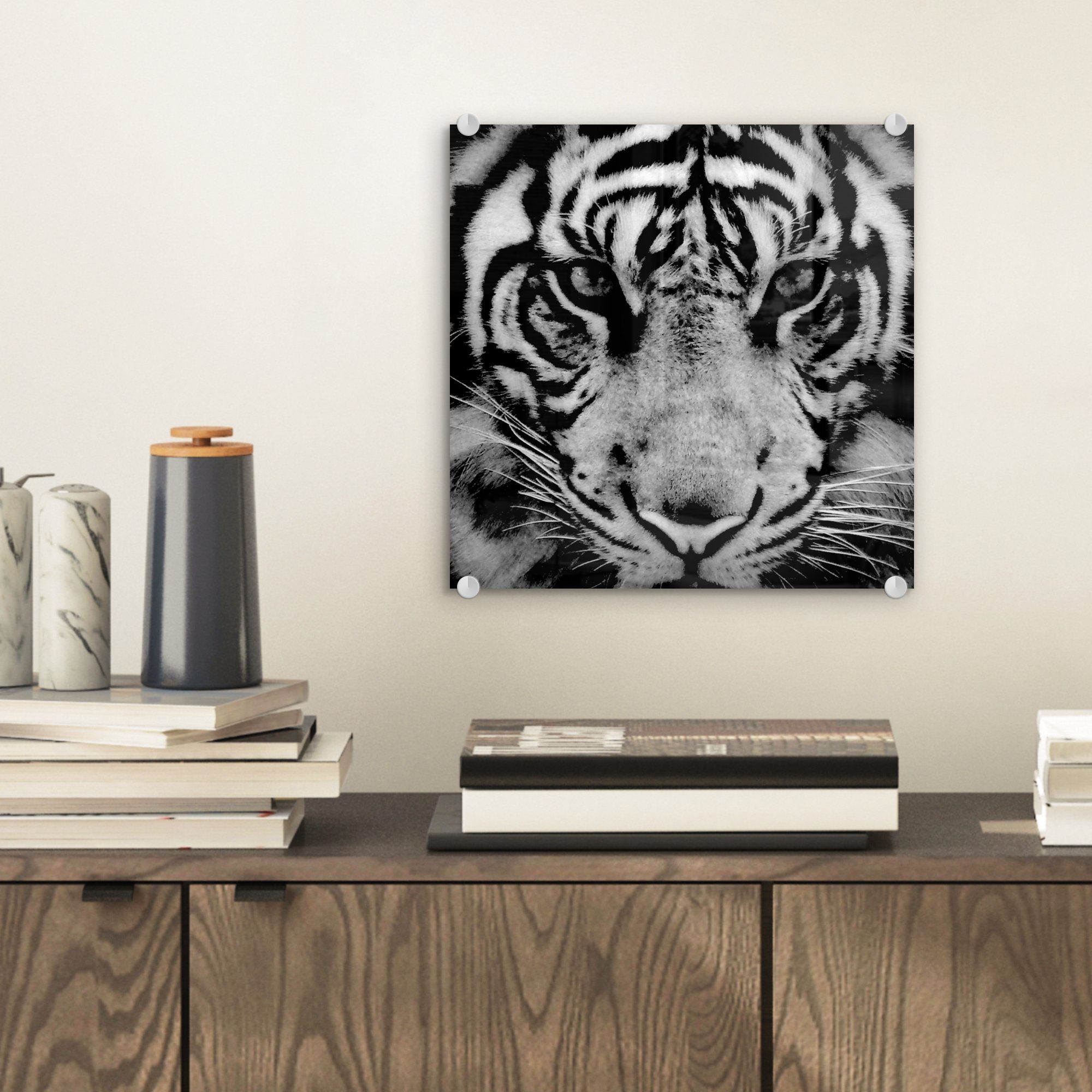 MuchoWow auf Foto - Glas Glas Bilder und (1 Sumatra-Tiger schwarzem Glasbilder schwarz Hintergrund auf vor - Wandbild in Wanddekoration weiß, Acrylglasbild - St),