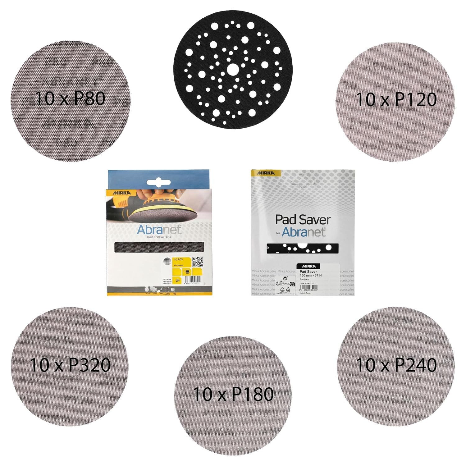Mirka Schleifscheibe Abranet, (51 St), Ø 150 mm Klett, Mix-Pack 80/120/180/240/320 je 10 Stk inkl. Pad Save