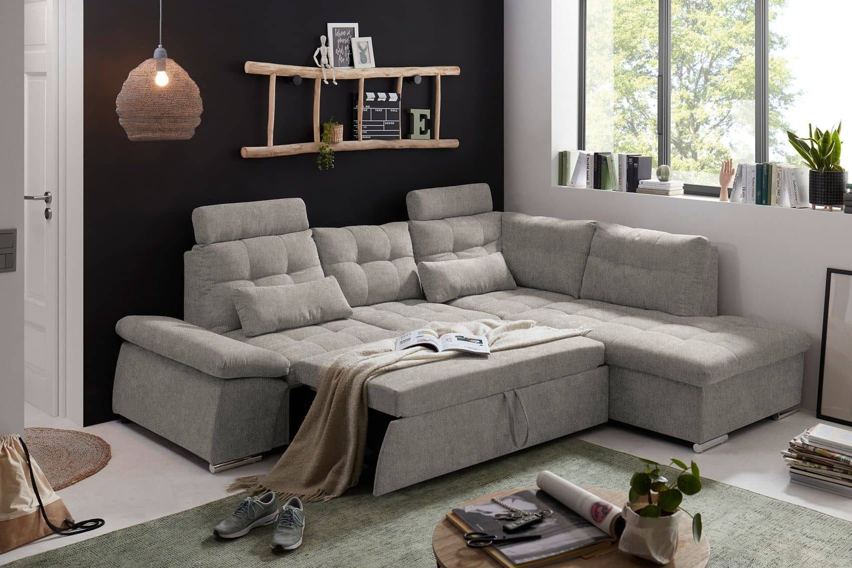 ED EXCITING DESIGN Ecksofa Jakarta, mit Schlaffunktion, verstellbarer Armlehne, 2 Kopfstützen