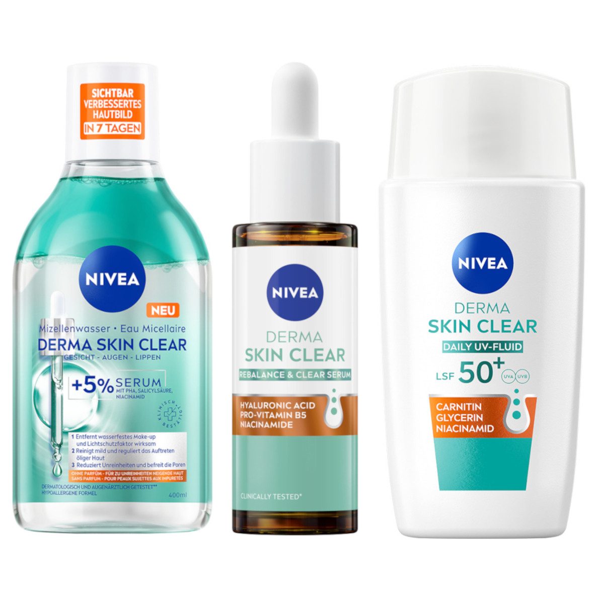 Nivea Gesichtspflege-Set DERMA SKIN CLEAR Routine Mizellenwasser, UV-Fluid & Rebalance Serum Set, 3-tlg.