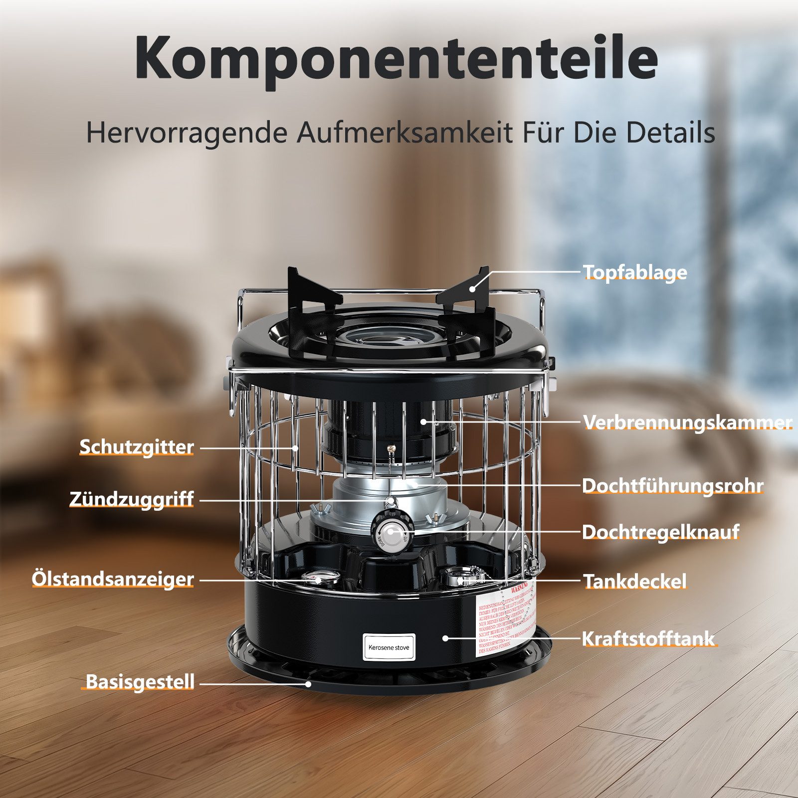 GLIESE Petroleumheizung Brennstoffbetriebener Raumheizkörper R95, Tragbar Campingkocher, 2600W 5L Tank für 12,5h Heizdauer, für Camping, Garten, Notfallheizung – Bild 3 von 5