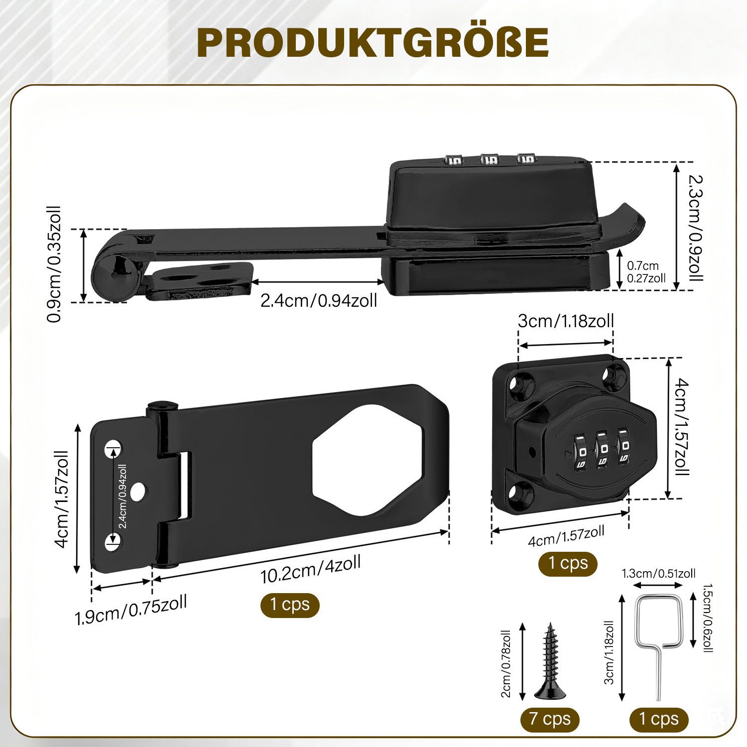 MOPUEA Möbelschloss Zahlenschloss Kombinationsschloss mit 7 Nägeln Möbelschloss Türriegel (mit Zahlencode Schrankschloss aus Zinklegierung, für Schränke, Türen und Outdoor-Nutzung), Schwarz, 4 Zoll, einfache Installation, wetterfest und abschließbar
