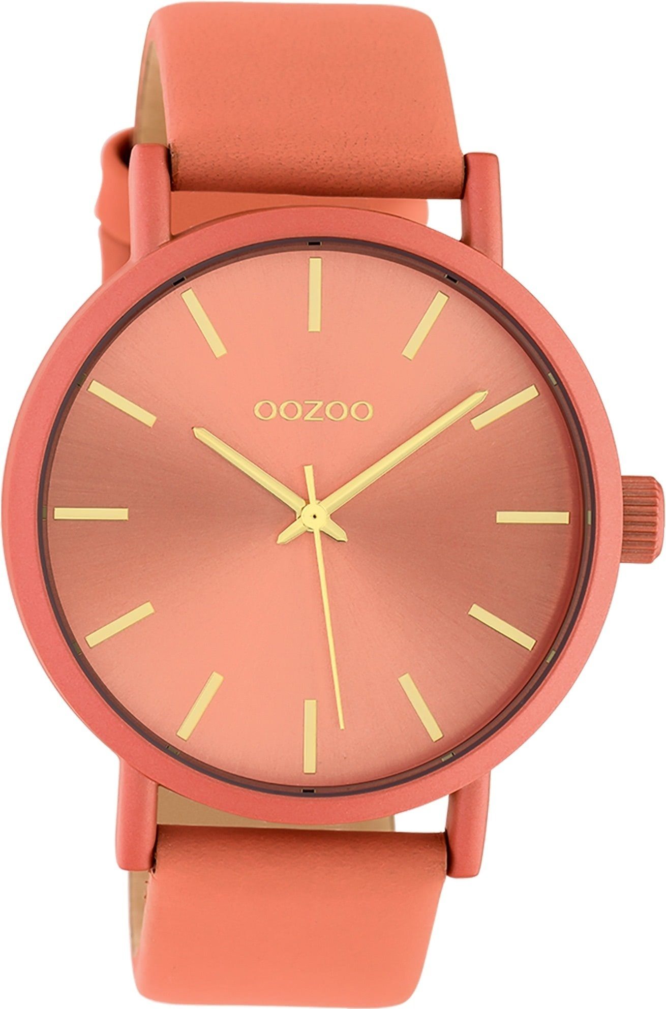 OOZOO Quarzuhr Oozoo Damen Armbanduhr OOZOO Timepieces, Damenuhr rund, groß (ca. 42mm), Lederarmband orange, Fashion