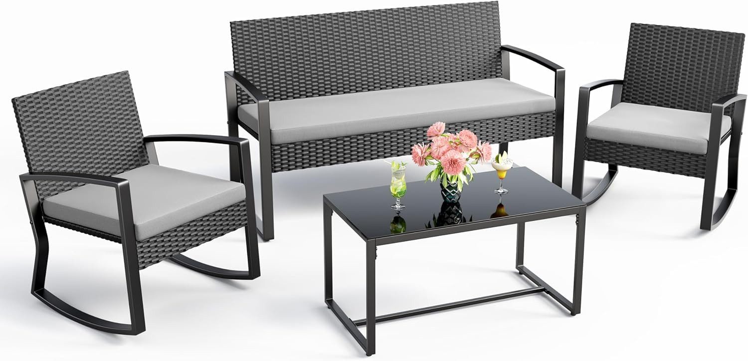 Blishom Balkonset 4-tlg. Gartenmöbel Set mit Schaukelstühlen & Glastisch