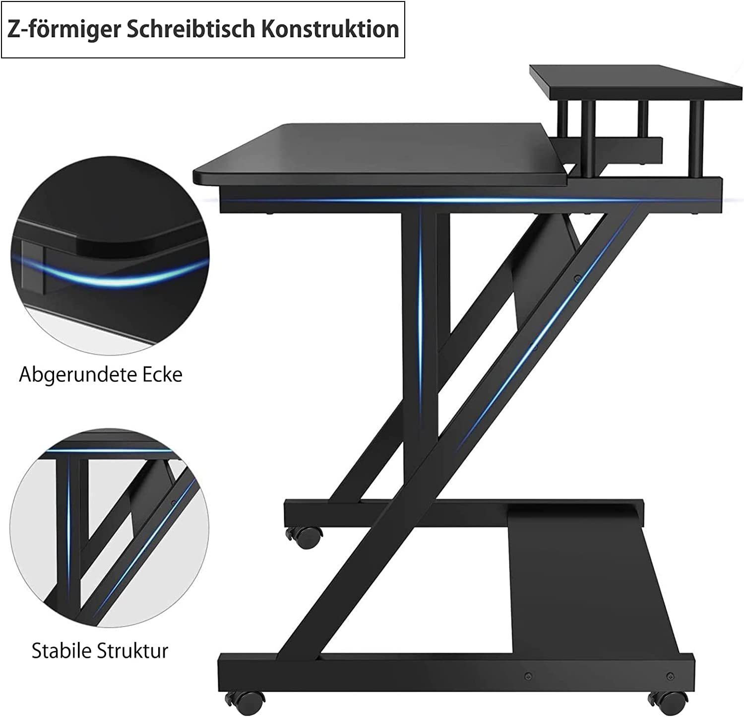 Dripex Computertisch Schreibtisch mit Rollen Z-förmiger Arbeitstisch Beistelltisch