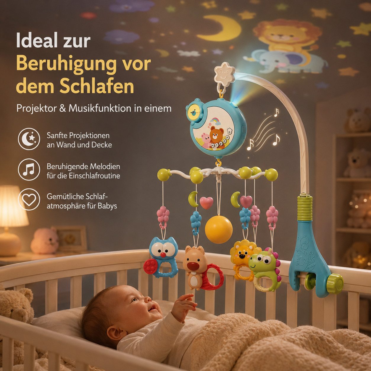 Luckice Mobile 3in1 Traumbärchen Mobile,mit Musik und Sternenprojektor, (drehbares Musikmobile mit Tieranhängern und Schraubklemme, Blau)