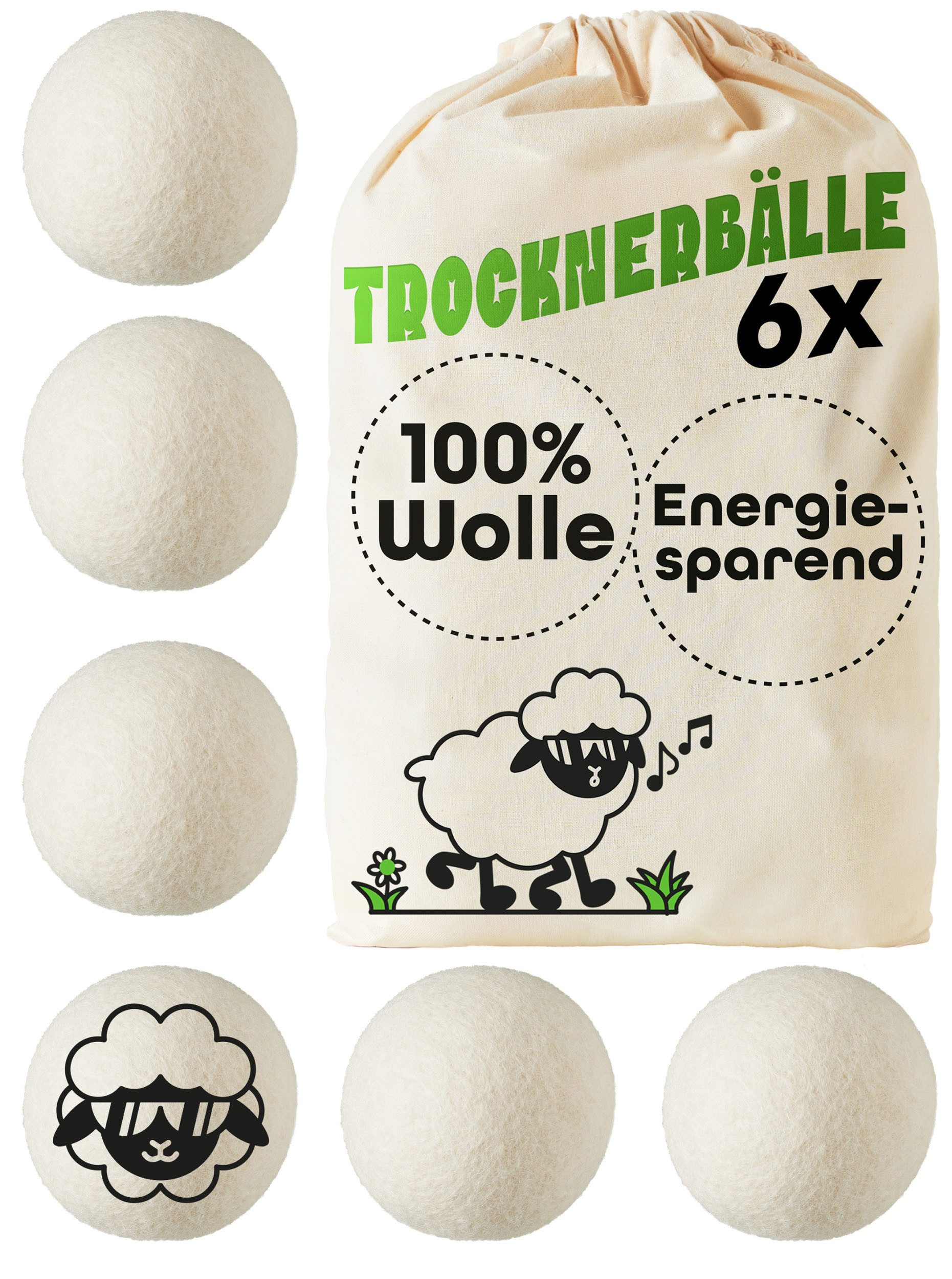 Praknu Trocknerball Trocknerbälle Wolle für Wäschetrockner 6er Set - Flauschige Wäsche (Set, 6-St., 6 Bälle inkl. Jute Beutel für platzsparende Aufbewahrung), 100 % Öko Schafwolle - Verkürzt Trocknungszeit - Energiesparend