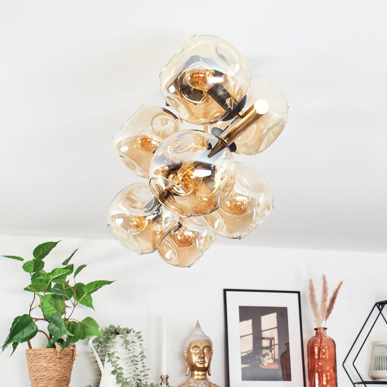 hofstein Deckenleuchte Deckenlampe aus Metall/Glas in Schwarz/Gold-/Bernsteinfarben, ohne Leuchtmittel, Deckenleuchte im Retro/Vintage-Design (Schirme Ø 15 cm), 8 x E14