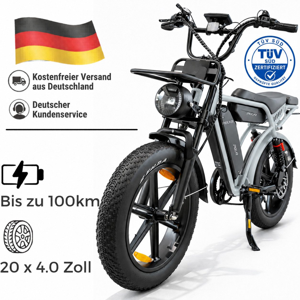 PIXAR E-Bike Mountainbike Elektrofahrrad 48V 35Ah Akku (100km), 250W Heckmotor, Shimano 7-Gang, 7 Gang, Kettenschaltung, Heckmotor, 1680 Wh, (Packung)