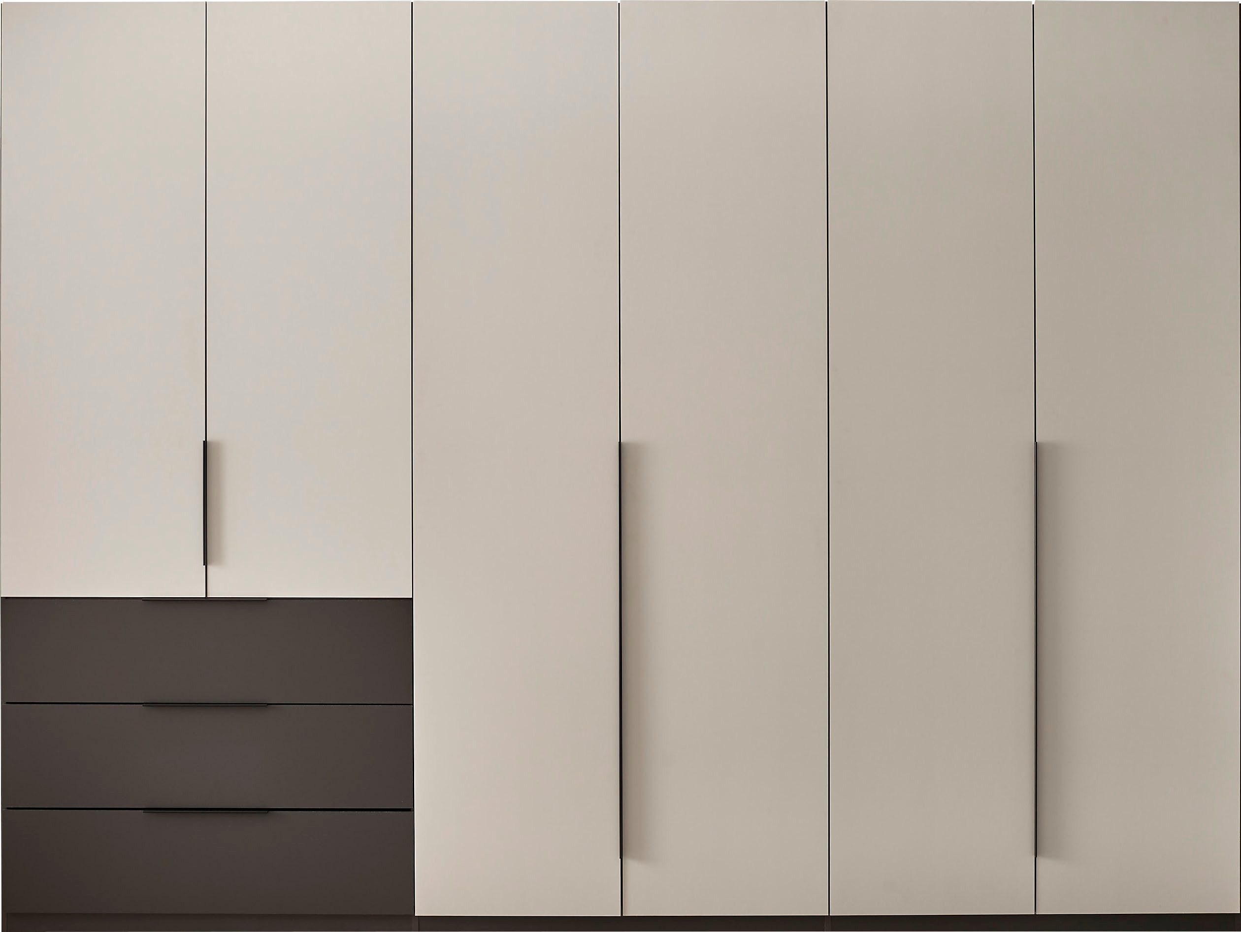 Schlafkontor Drehtürenschrank Nuka 3m Kleiderschrank, Schrank mit 3 Schubkästen mit farblicher Graphitabsetzung und Soft-Close-Funktion