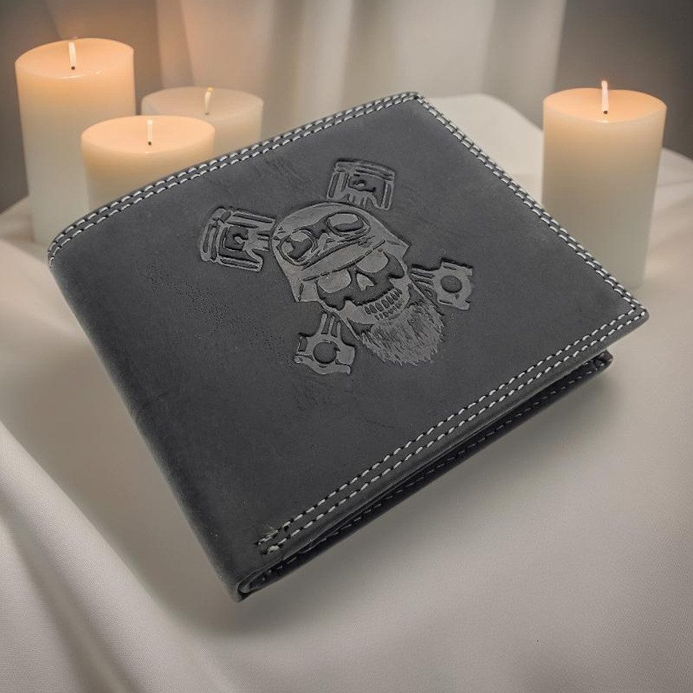 JOCKEY CLUB Geldbörse echt Leder Portemonnaie mit RFID Schutz Totenkopf Skull, "Hard Rider" für Biker und Abenteurer