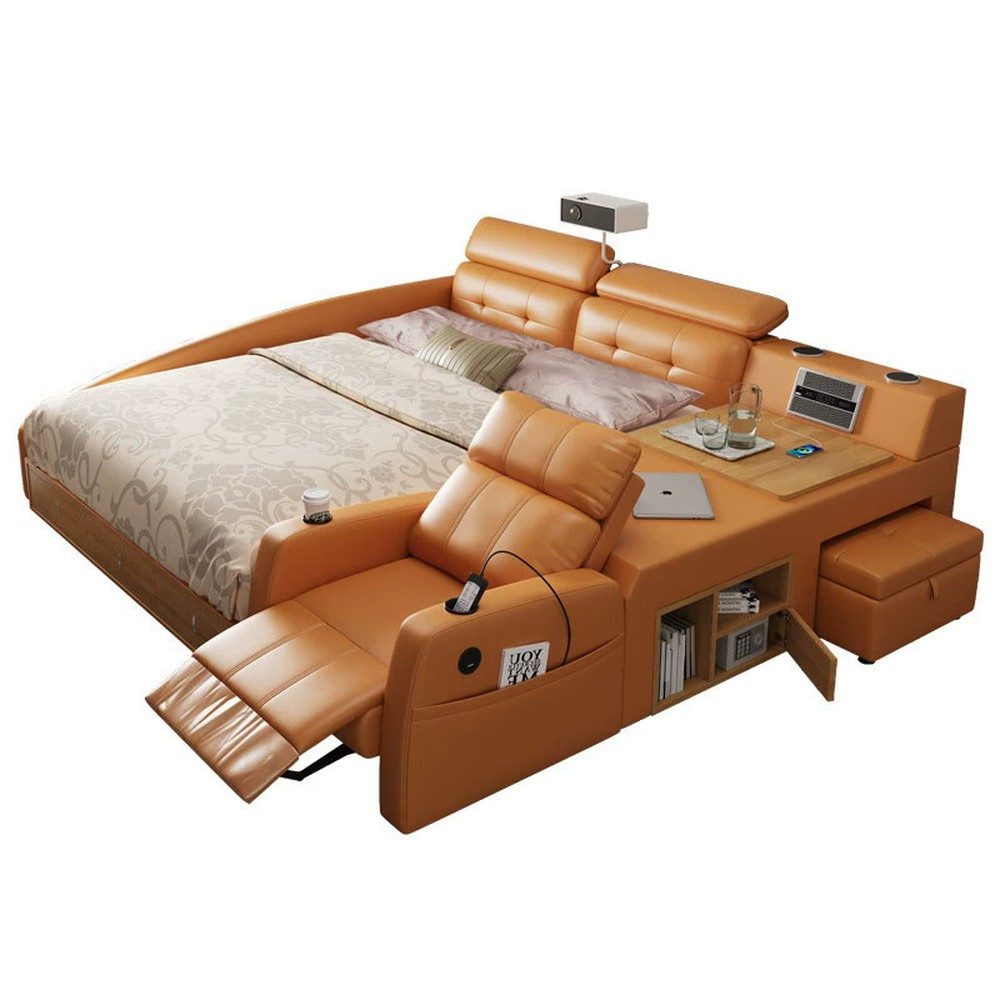 Xlmoebel Multimediabett Beigefarbenes Multifunktionsbett aus Holz im modernen Stil (2-tlg), Made in Europa
