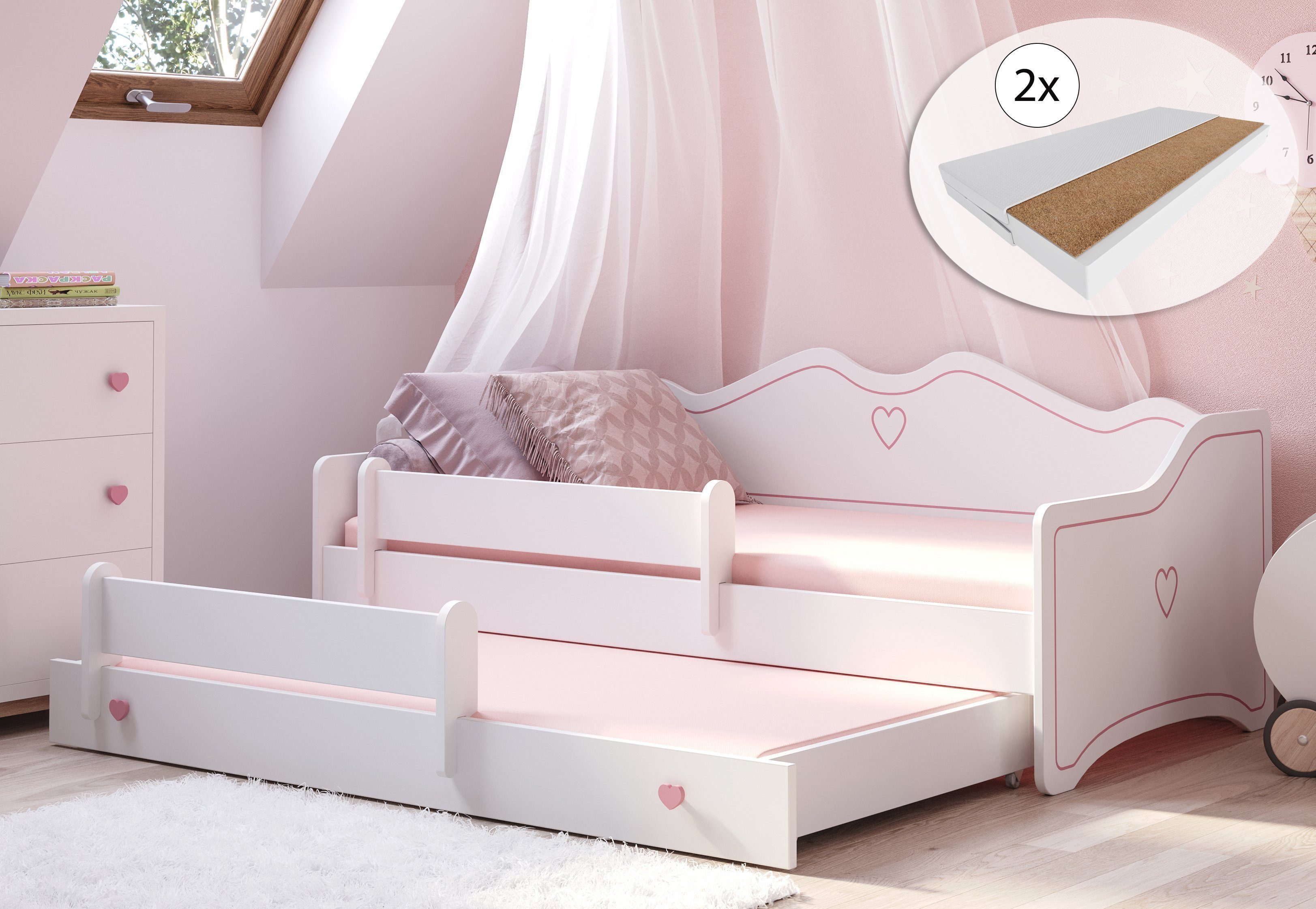 Kinderbett Mädchenbett 80x160 mit Ausziehbett & zwei Matratzen Kinderbett
