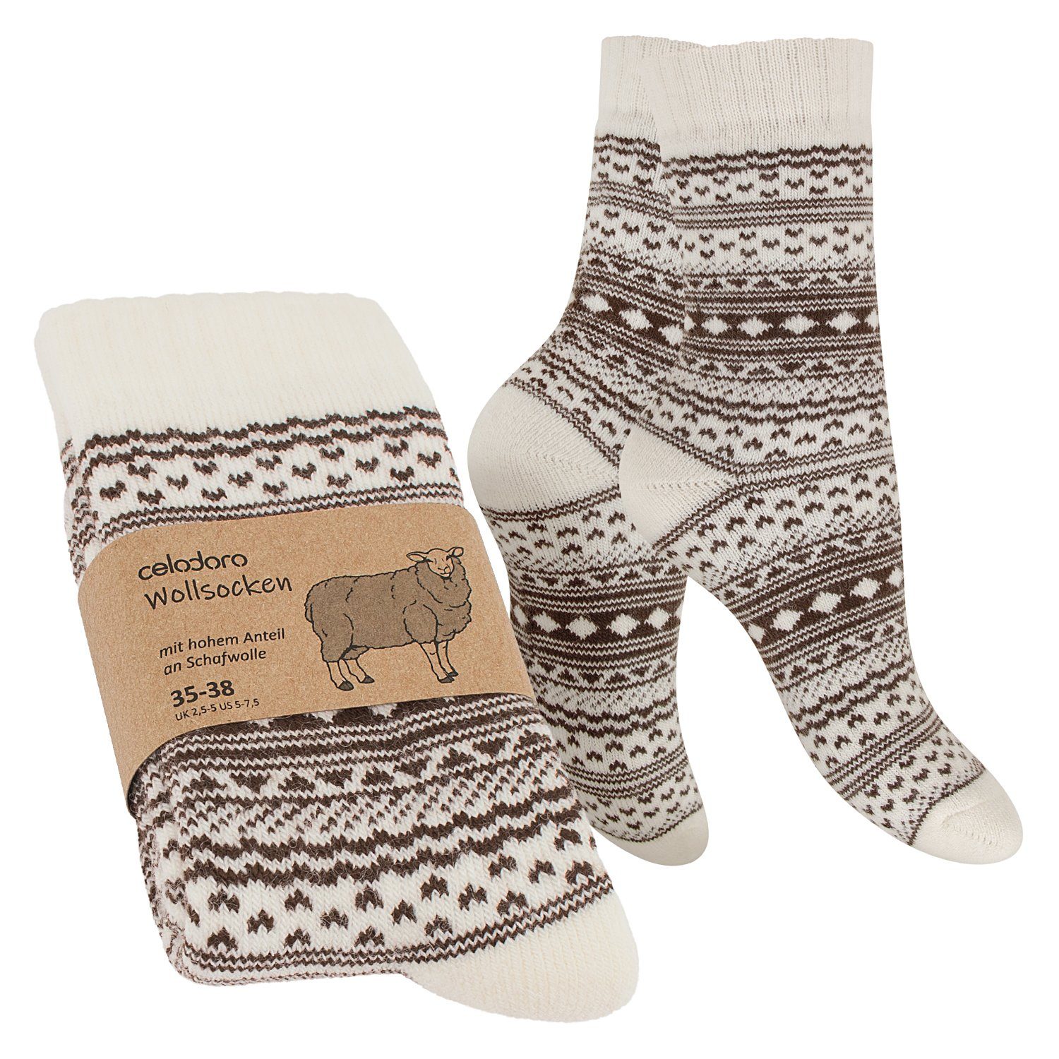 celodoro Thermosocken Damen & Herren Frottee-Wollsocken mit Muster