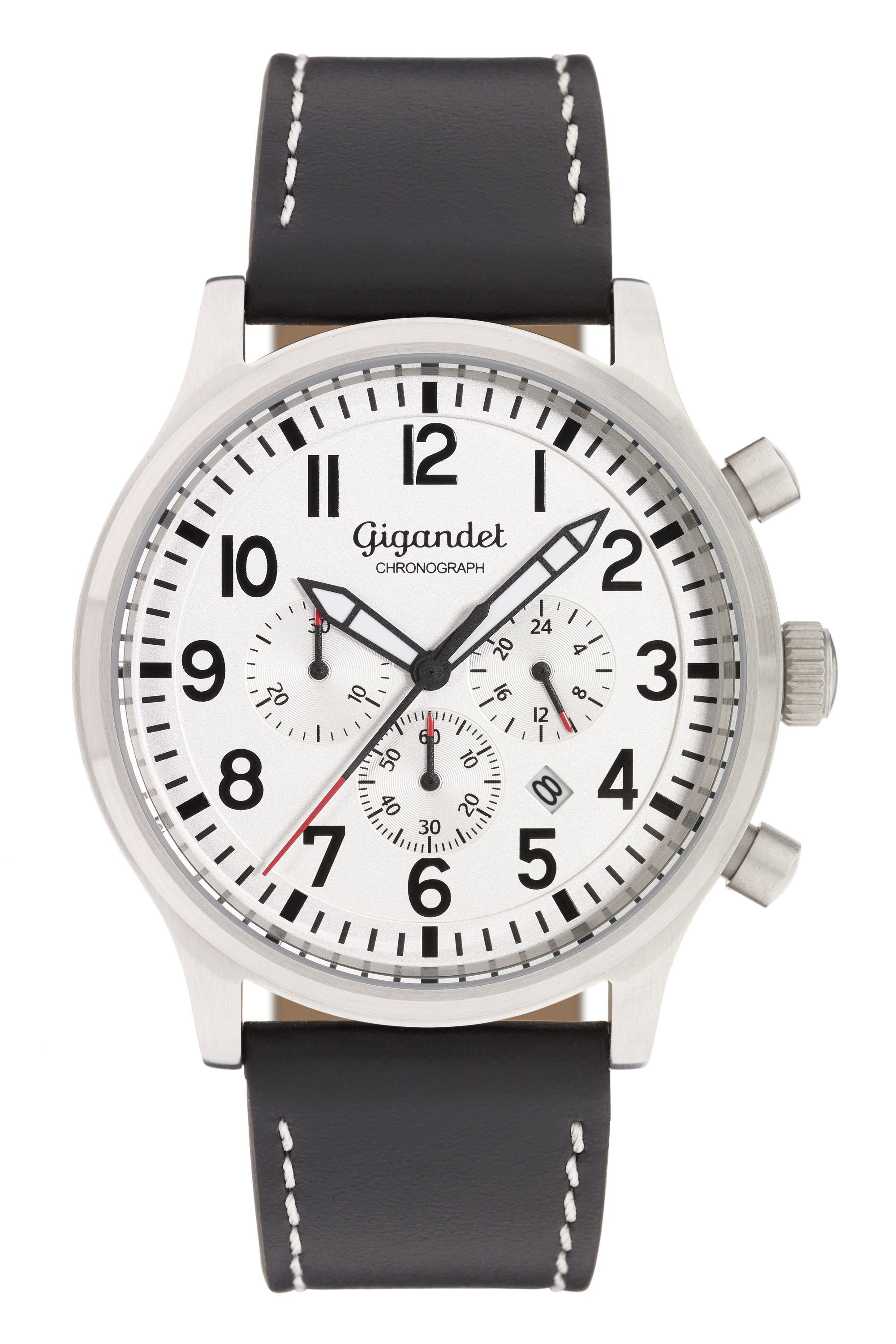 Gigandet Chronograph Armbanduhr, Herrenuhr, Fliegeruhr, 46mm, DESTINATION G15-002, Mineralglas, Datumsanzeige, Lederband, 10bar/100m wasserdicht