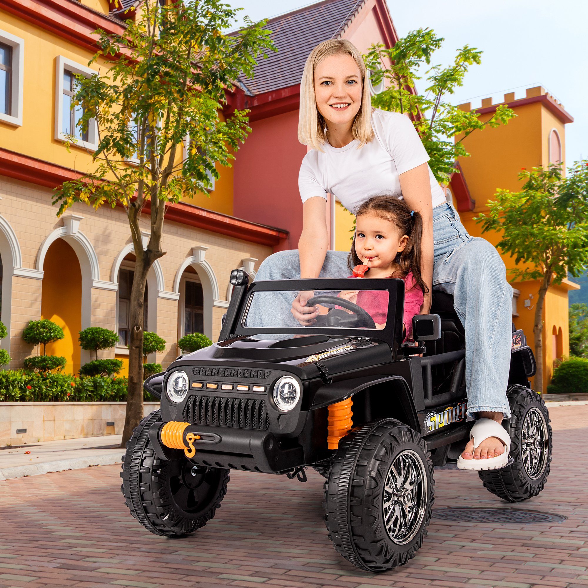 EXTSUD Elektro-Kinderauto Elektroauto für Kinder, Eltern-Kind-Fahren. 3 Sitze, 12V, 7Ah., USB-Bluetooth Fernbedienung 2* 35W Motor 3-7 km/h