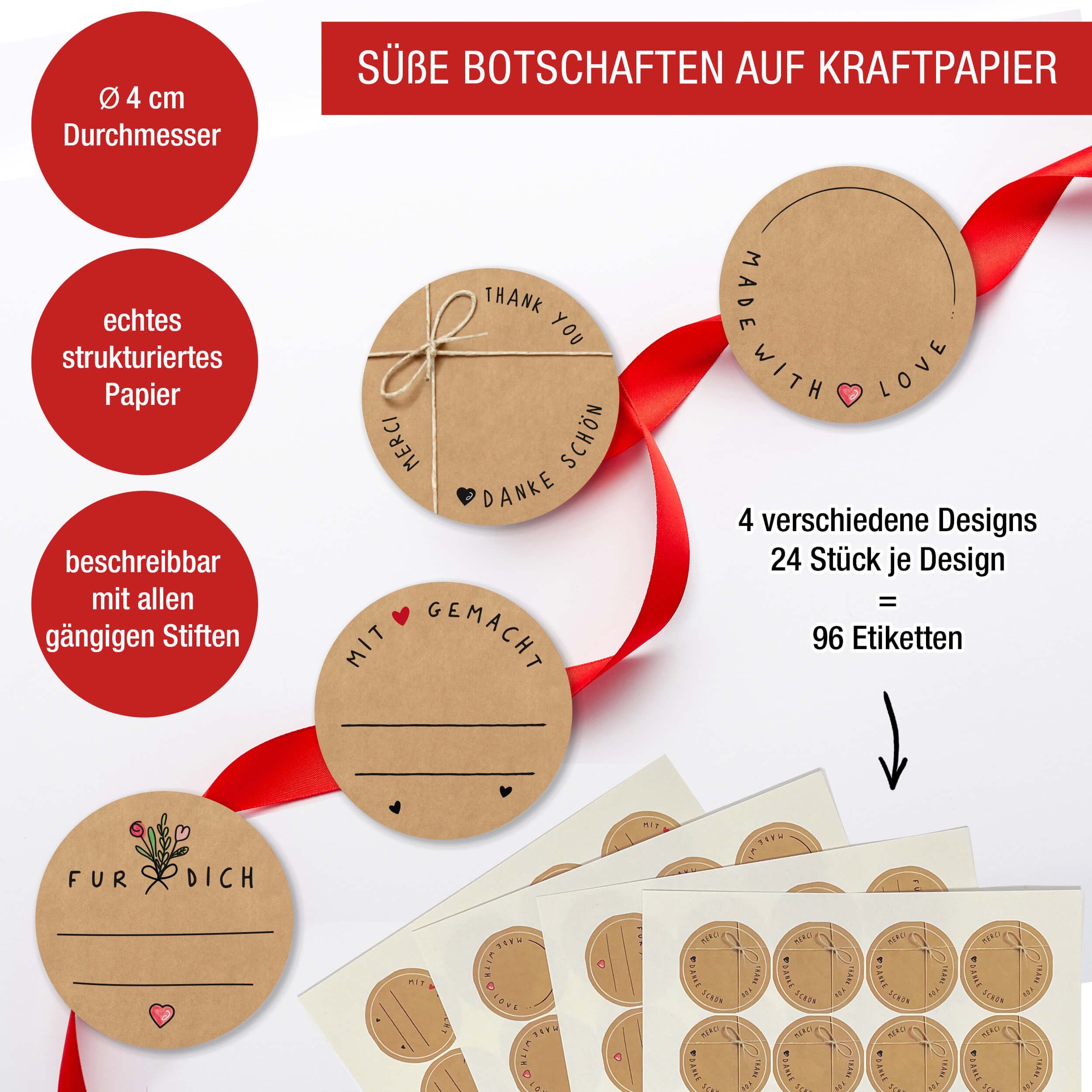 TOBJA Aufkleber Sticker Rund "Kraftpapier" 4 Bögen Geschenk Marmelade, 96 Klebeetiketten Kraftpapier Sticker Aufkleber 4 cm Geschenksticker – Bild 3 von 3