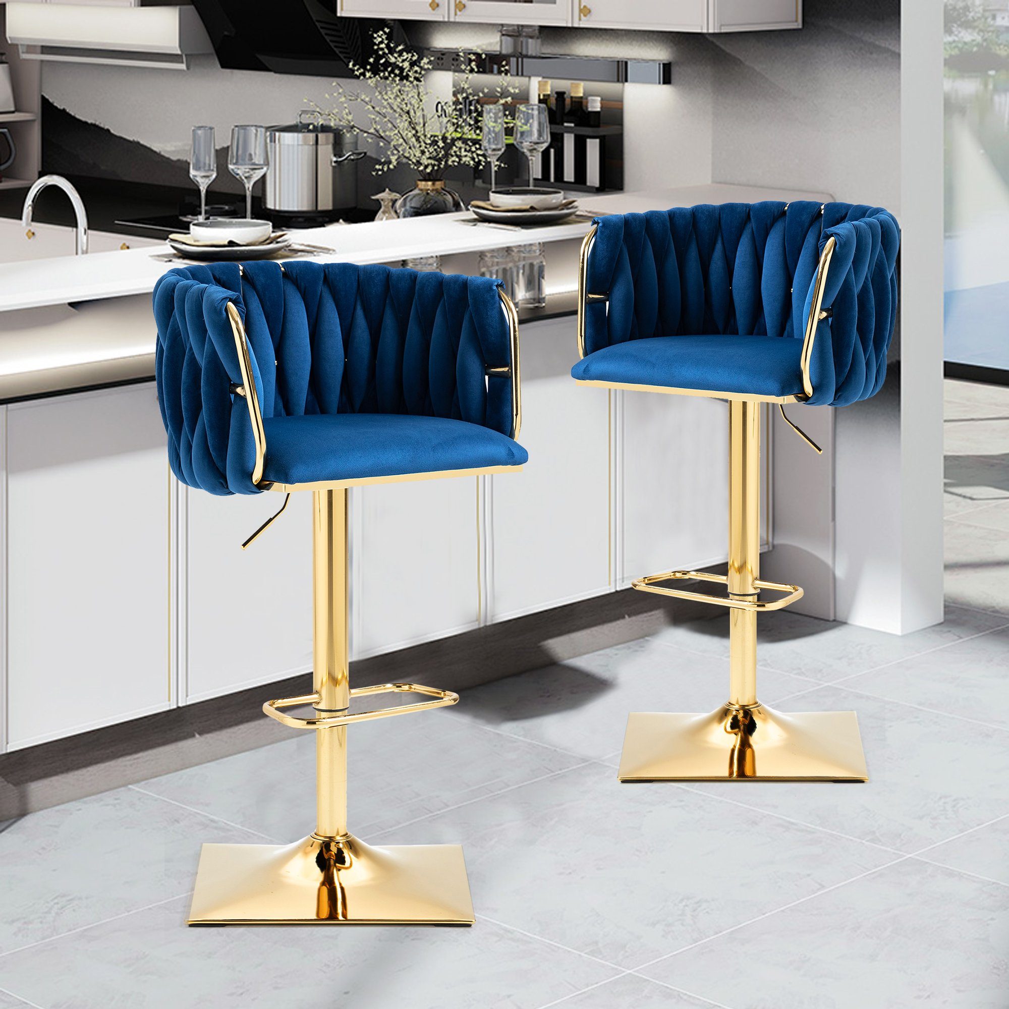 HAUSS SPLOE Barhocker Barhocker Samt 2er Set verstellbare Barstühle Beistellstuhl Drehstuhl (Kücheninsel-Seitenstuhl mit Fassrücken für Küchenessen, mit handgewebter Rückenlehne, mit Chromfußstütze und -basis) blau