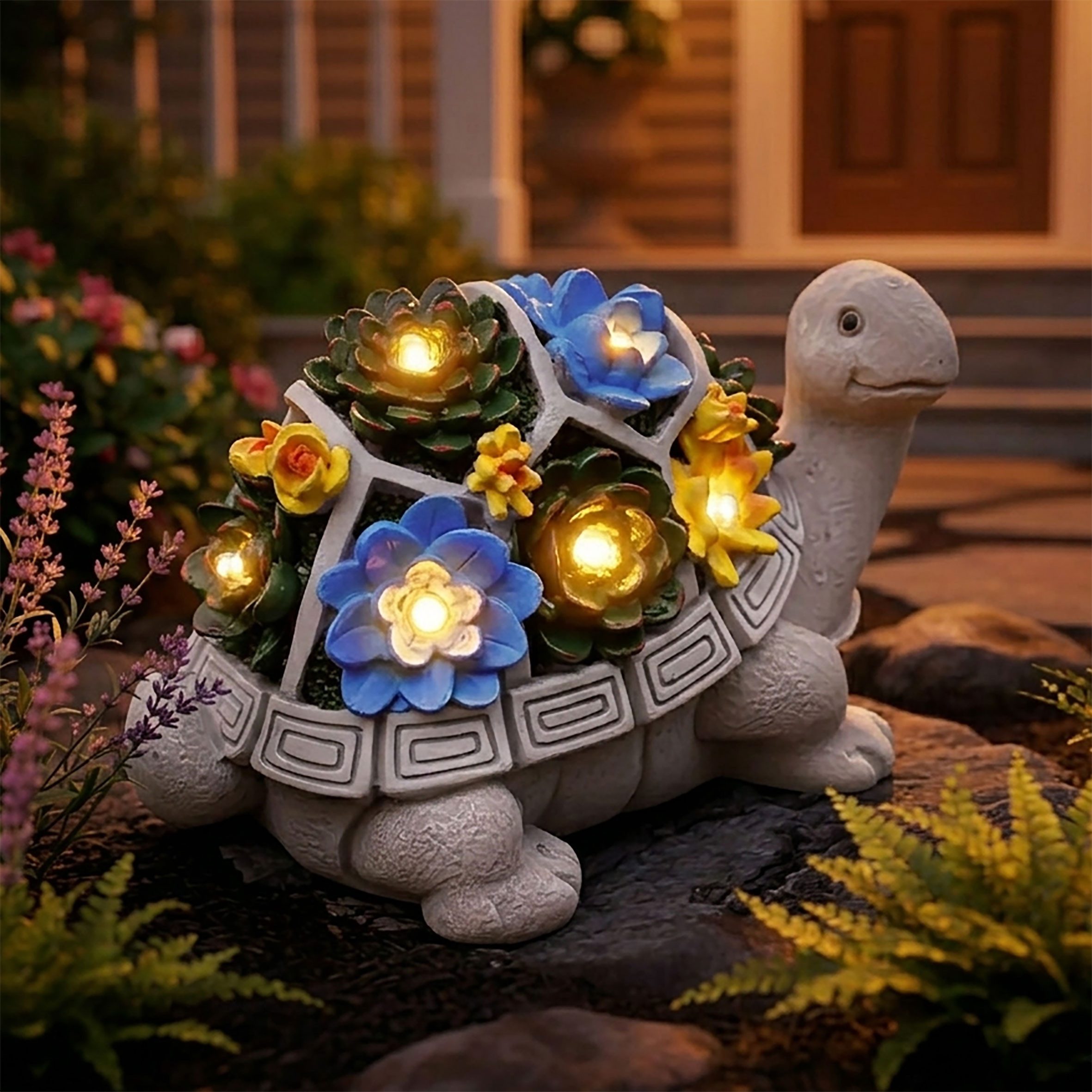 Spetebo LED Dekofigur Gartenfigur Schildkröte mit leuchtenden Blumen, Solar, LED fest integriert, warm weiß, Gartendeko Tierfigur warm weiß beleuchtet für Außen