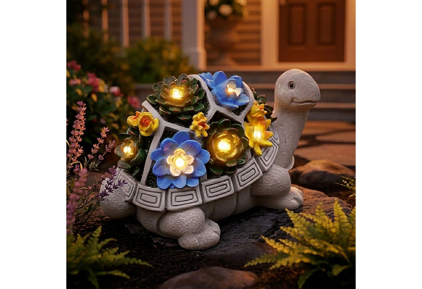 Spetebo LED Dekofigur Gartenfigur Schildkröte mit leuchtenden Blumen, Solar, LED fest integriert, warm weiß, Gartendeko Tierfigur warm weiß beleuchtet für Außen