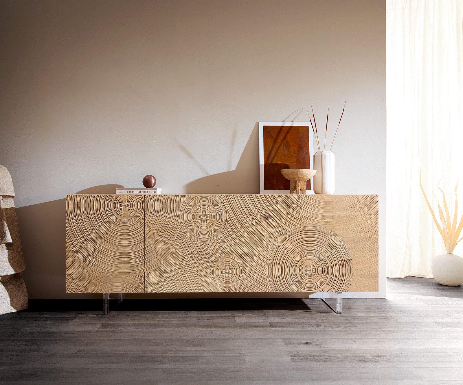 DELIFE Sideboard Ashara, Eiche Natur 3D Effekt 200 cm 4 Türen Fuß Schwebeoptik Acrylglas Sidebo