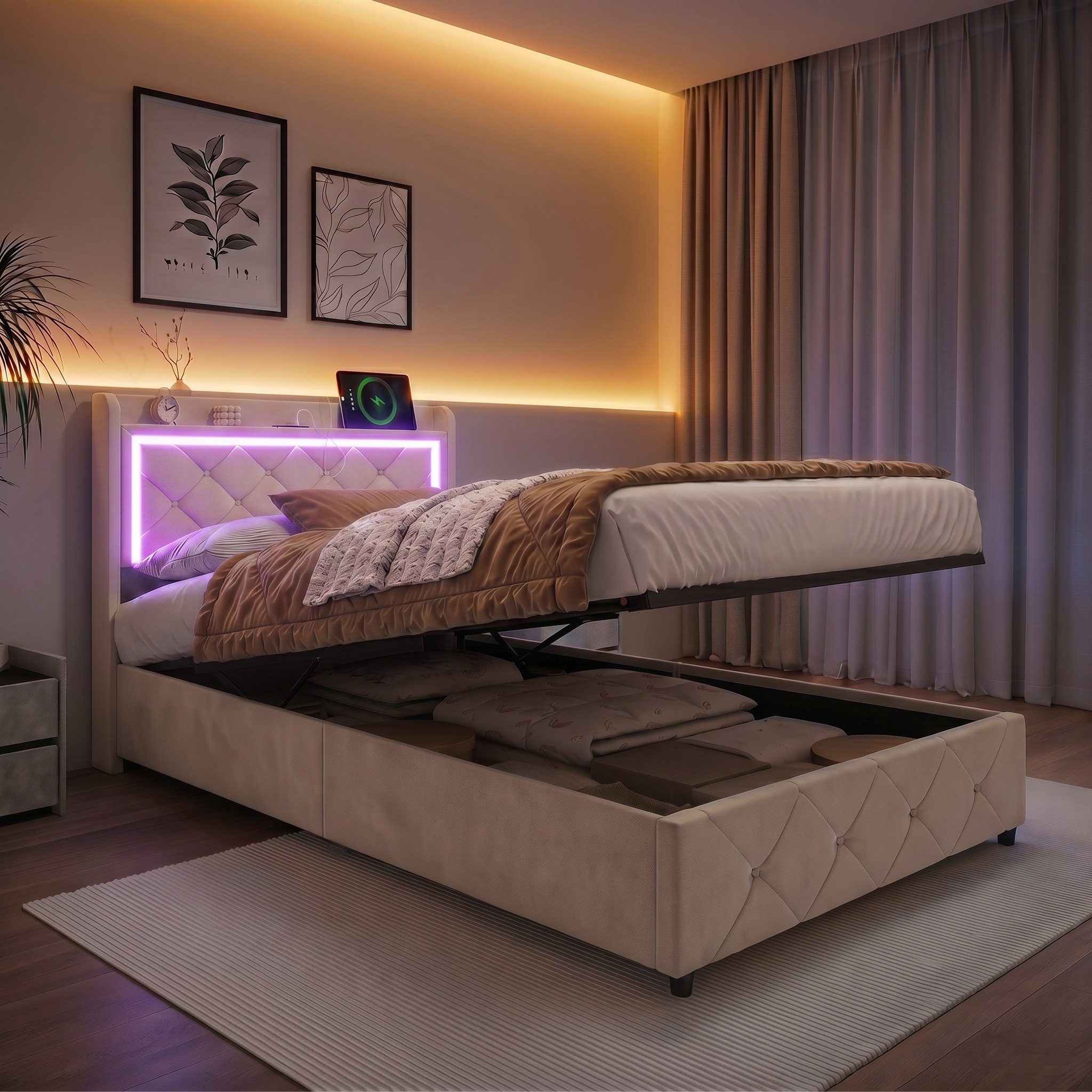 PXloue Polsterbett LED Doppelbett, Einzelbett, Bettkasten, Ladefunktion, Samt, 90x200 cm