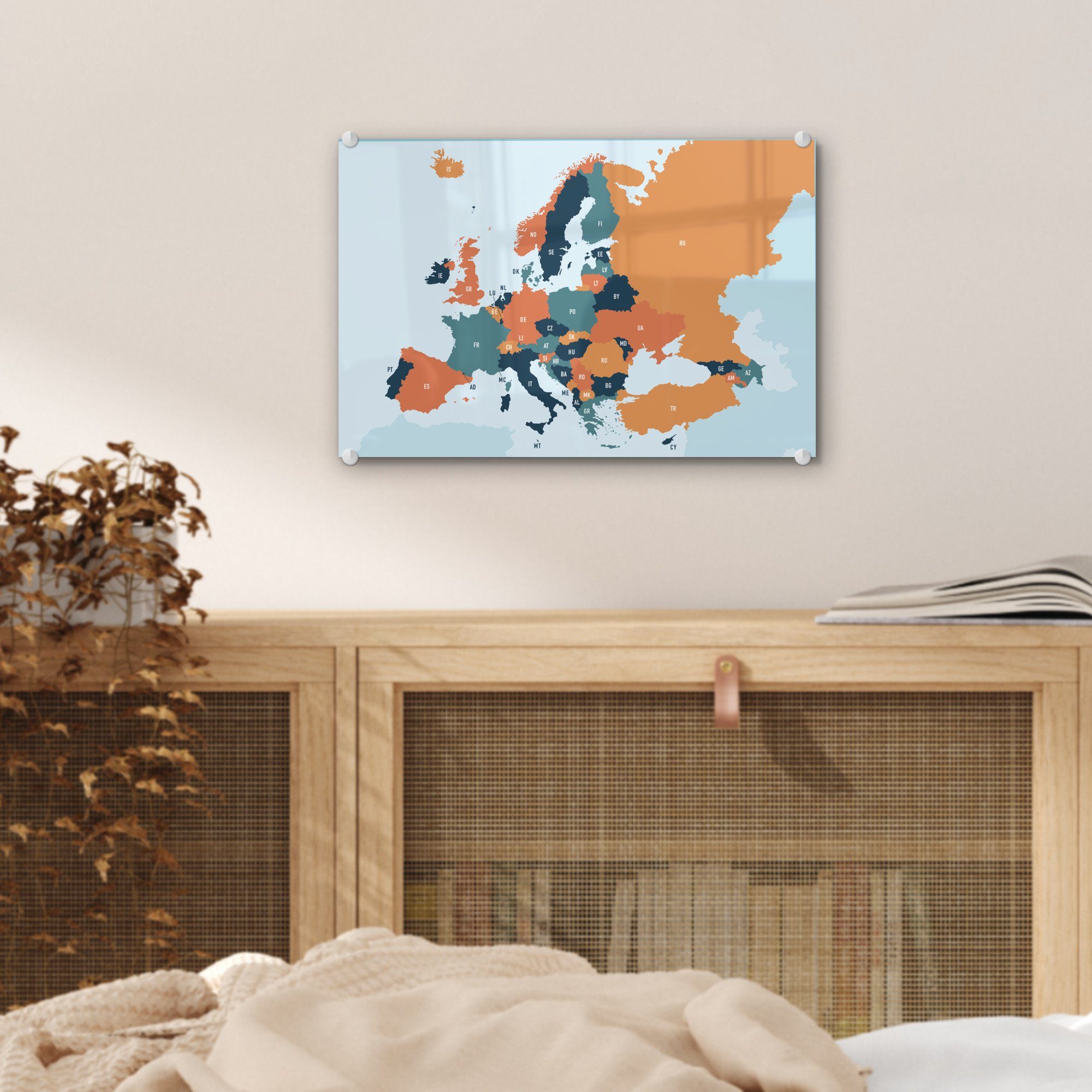 Glasbilder - Wanddekoration (1 - Europa - MuchoWow Karte Foto - St), - auf Glas Bilder Glas Acrylglasbild Wandbild auf Orange,