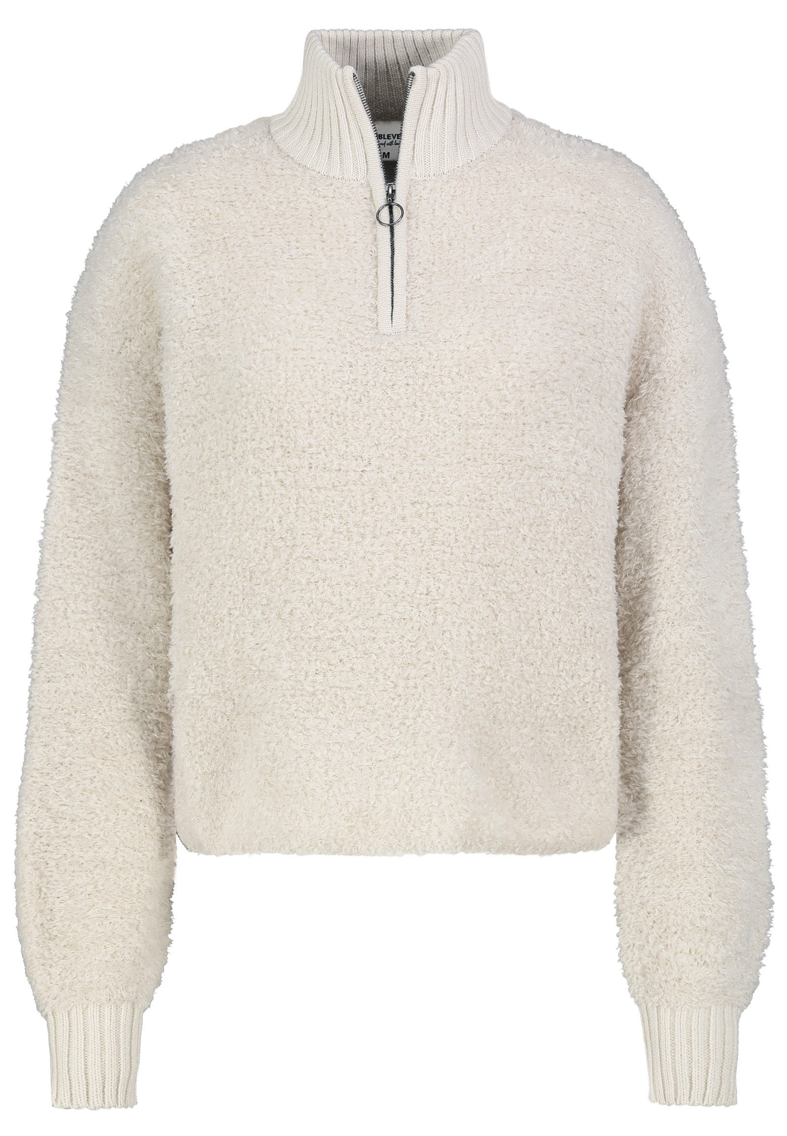 SUBLEVEL Strickpullover Teddy-Optik Stehkragen Ring-Zipper für Damen (1-tlg) Kunstfellstrick, Überschnittene Schultern, Rippenkanten