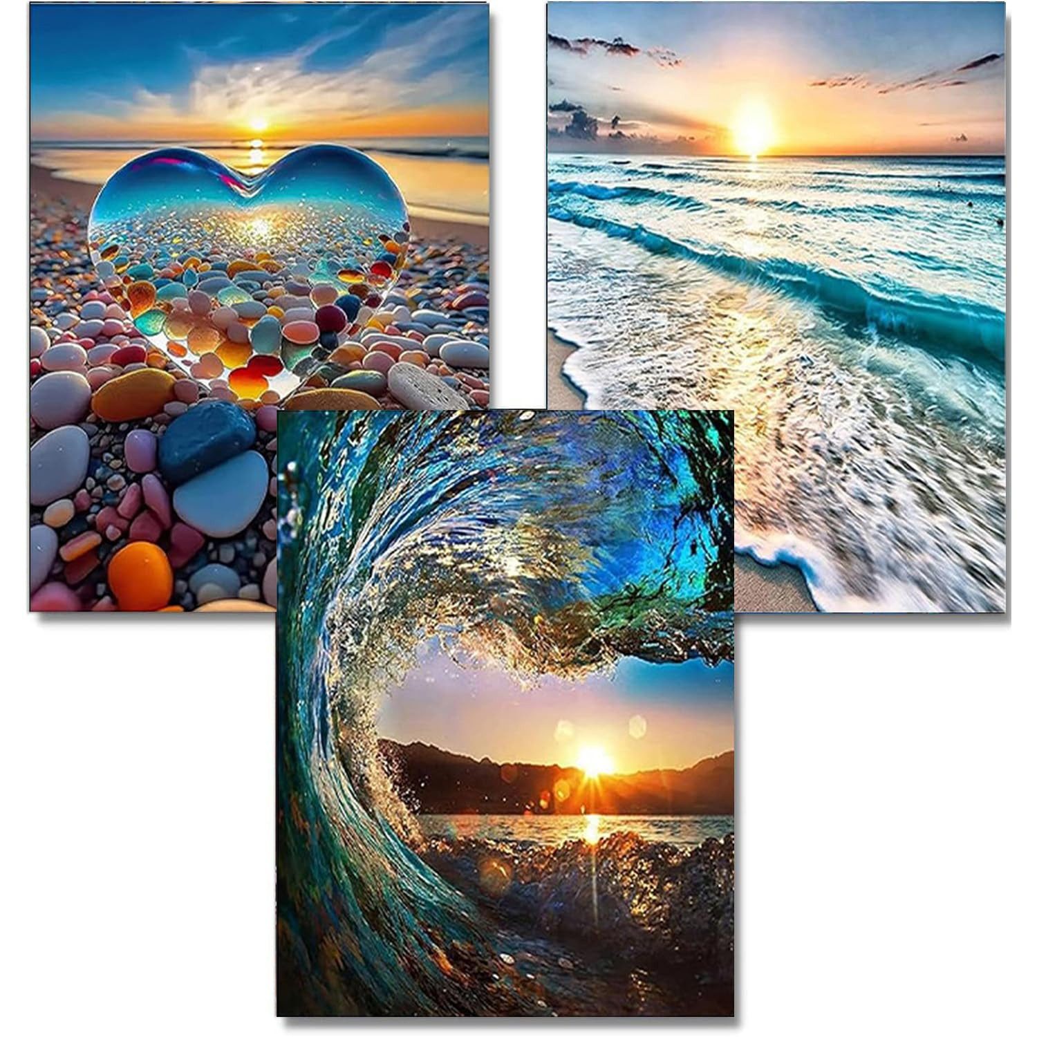 FOUORTUNATE-BEE Kreativset 3er Set Diamond Painting Strand Landschaft 30x40 cm für Erwachsene, Diamant Malerei Set Strand & Herzmotiv, DIY Kunst ohne Rahmen