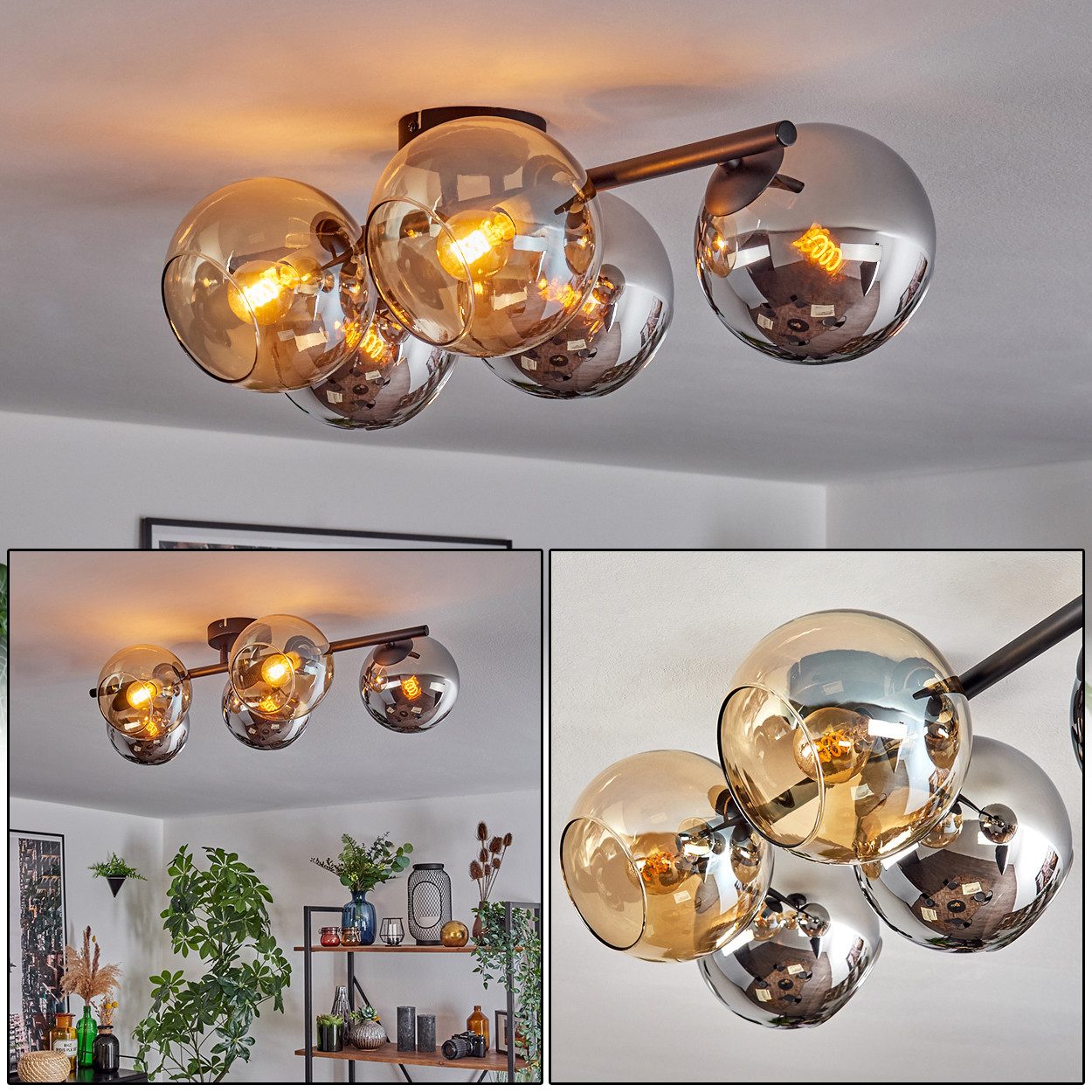 hofstein Deckenleuchte 5-flammige Deckenlampe a. Metall/Glas in Schwarz/Chrom/Rauch/Bernstein, ohne Leuchtmittel, Leuchte im Retro/Vintage-Design (Schirme Ø 15 cm), E14, Esszimmer