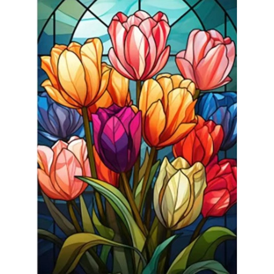 Rötting Design Malen nach Zahlen Diamond Painting Set 5D DIY Motiv Tulpenstrauß im Tiffany Design (Komplett-Set), Diamond Painting Vollbild, Vollständiges Zubehörpaket