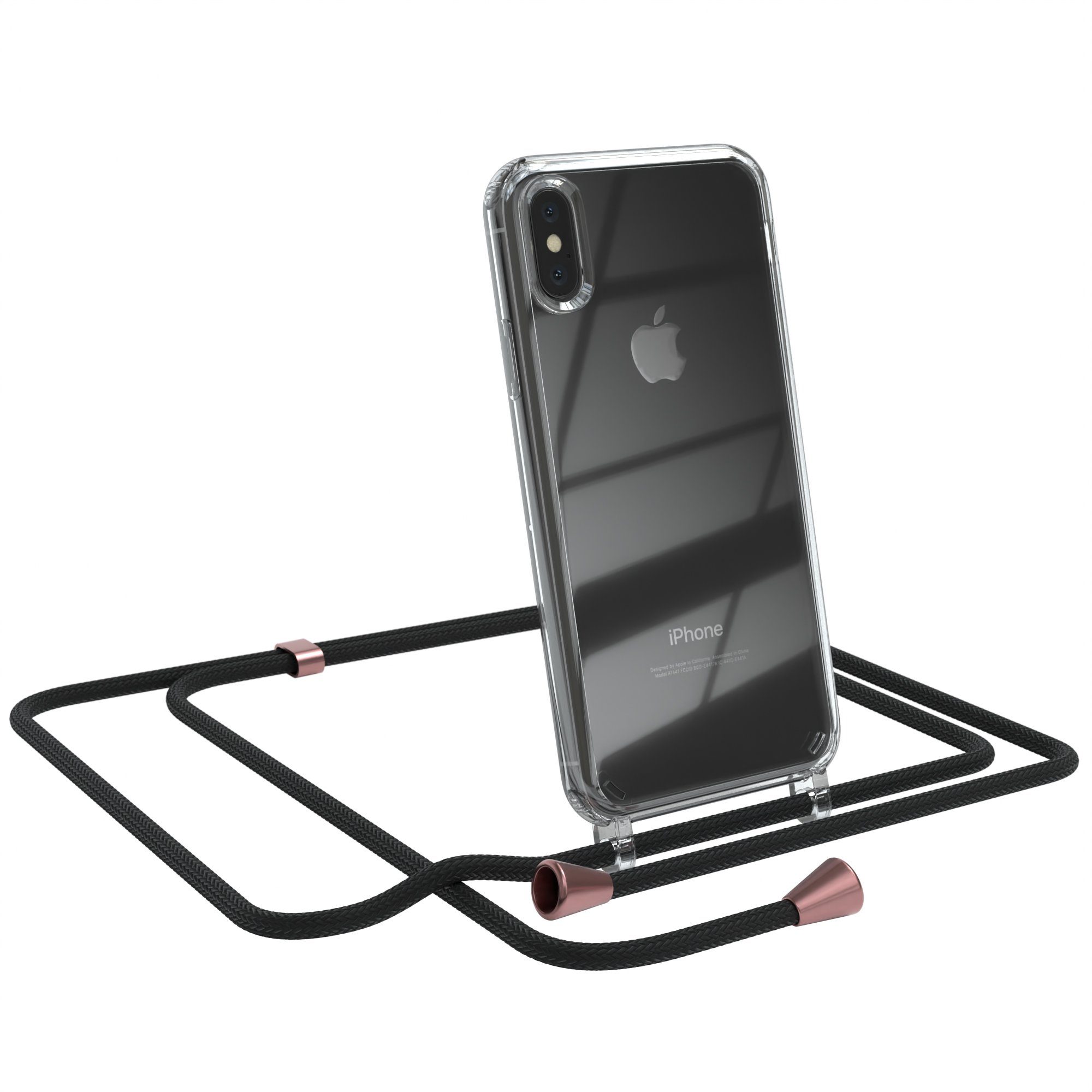 EAZY CASE Handykette Hülle mit Kette für Apple iPhone X / XS 5,8 Zoll, Handykordel Smartphonekette für Unterwegs Festivalbag Schwarz Rosé