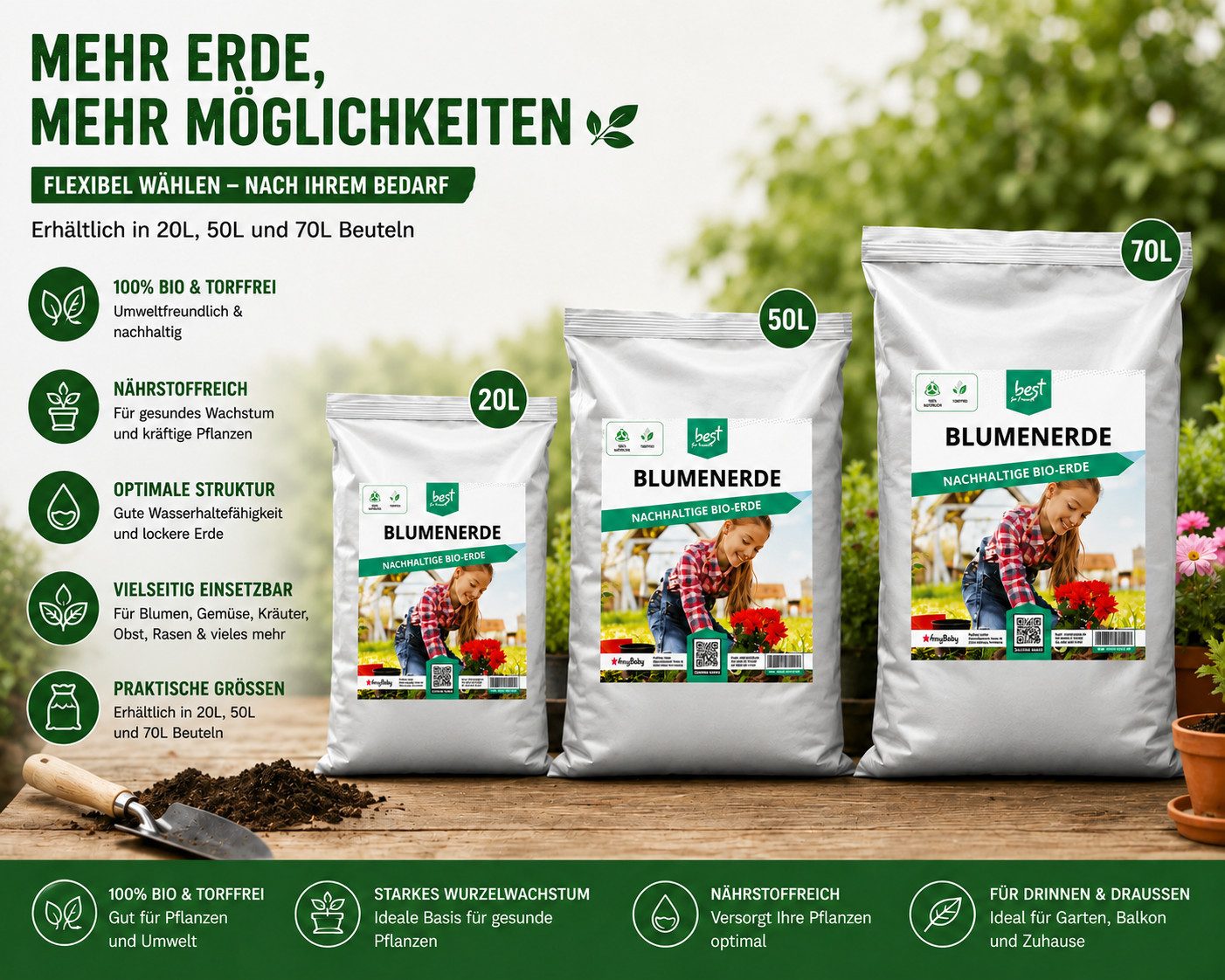 Best for Home Bio-Erde Bio-Blumenerde – Torffrei, für Zimmer- & Balkonpflanzen Blumenerde, mit Organische Pflanzerde, (Einzelartikel, 1-St., 20L / 50L Sack), Bi – Bild 4 von 5