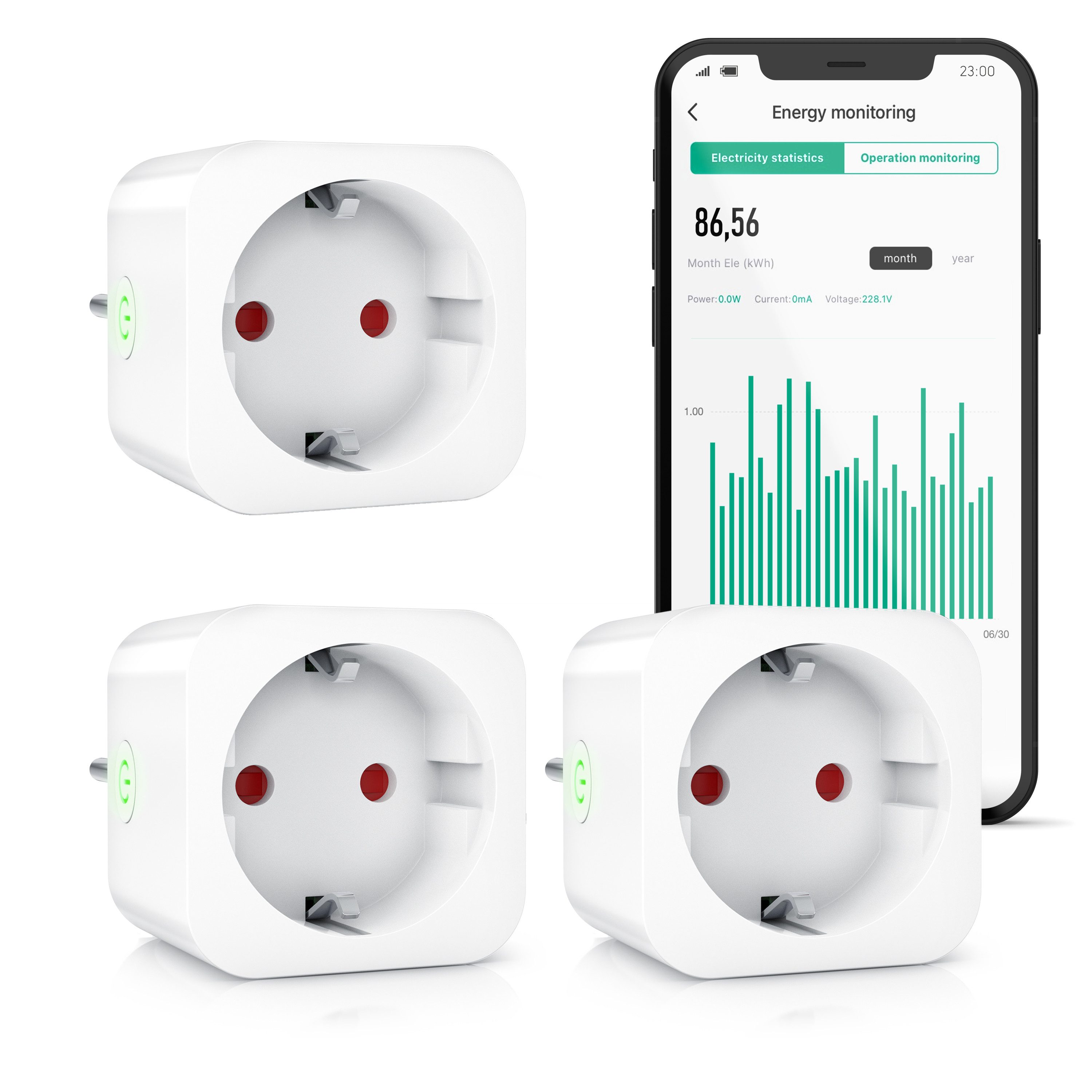 BEARWARE WLAN-Steckdose mit Strommessung, 2,4Ghz WiFi Fernsteuerung per App, Sprachsteuerung, Spar-Set, 3-St., 3er Set, Zeitschaltuhr, Energiekostenmessgerät, Smart life App, Timer
