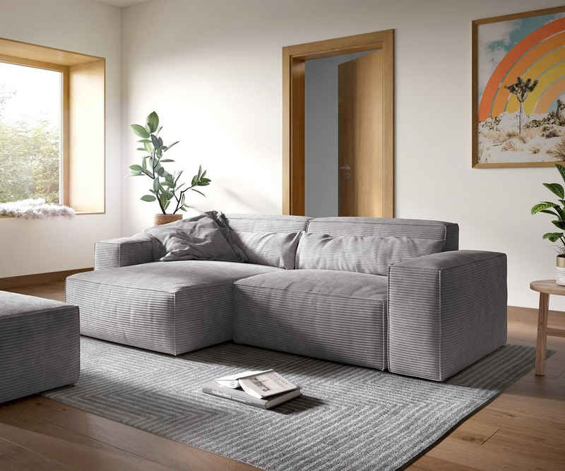 DELIFE Big-Sofa Sirpio, XL Cord Silbergrau 270x170 cm Recamiere variabel mit Hocker